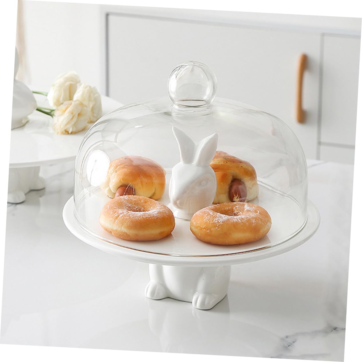 Alipis Alzatina Superficie Liscia e Resistente alla Corrosione in Ceramica Bianca, Piatto Porta Frutta e Snack per Torte a Forma di Coniglio per Compleanni e Feste