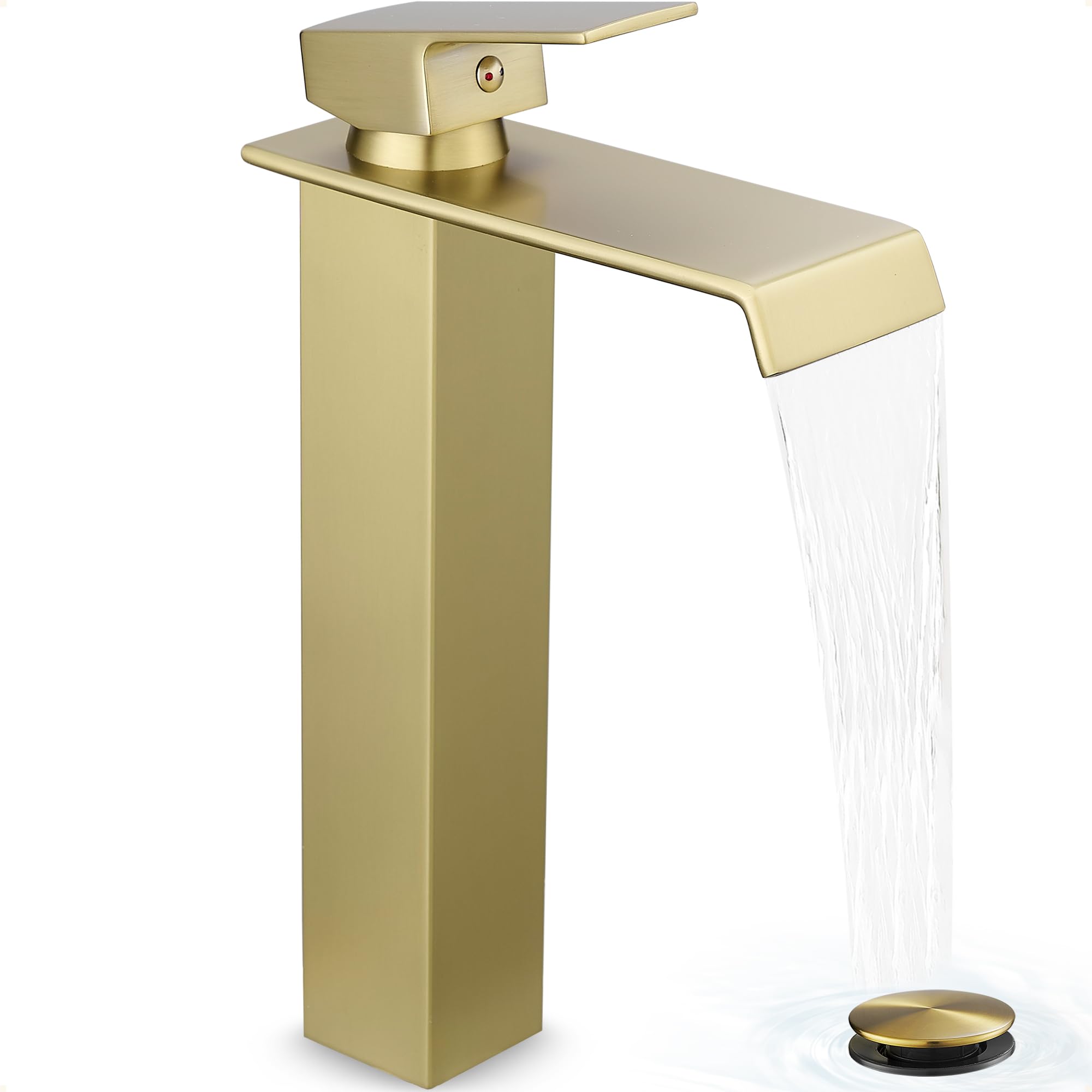 Nfusrxmbk Brushed Gold Gold Vessel Sink Faucet, Brass Waterfall Tall Faucet For Bathroom Sink 1 Hole With Pop Up Drain And Supply Hoses For Vanity Restroom Modern