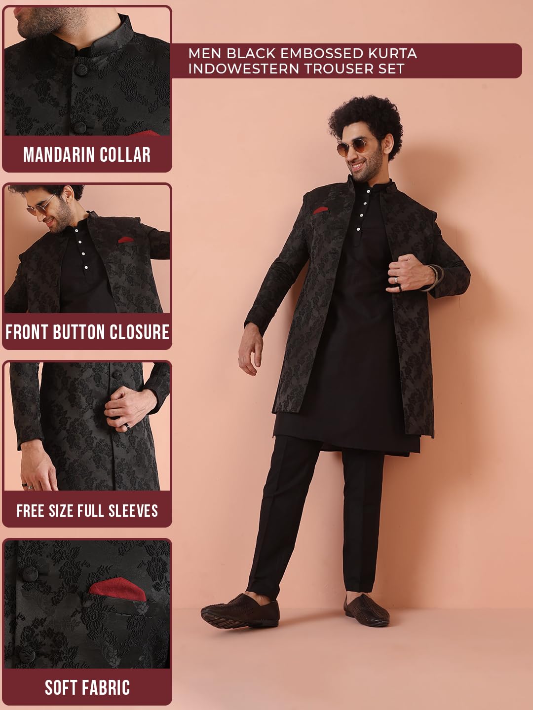 Kisah Sherwani Set For Men  Silk Blend Jacquard Textured Indo Western Sherwani With Kurta And Trouser | Designer Ethnic Outfit For Weddings & Festivals, Black, 40