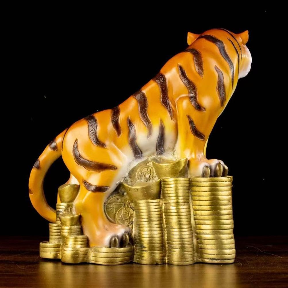 Mosiężna statua tygrysa pod górę – 13,8" duża figurka chińskiego tygrysa zodiaku trzymająca sztabkę złota, dekoracja Feng Shui bogactwo i ochrona, ręcznie robiony
