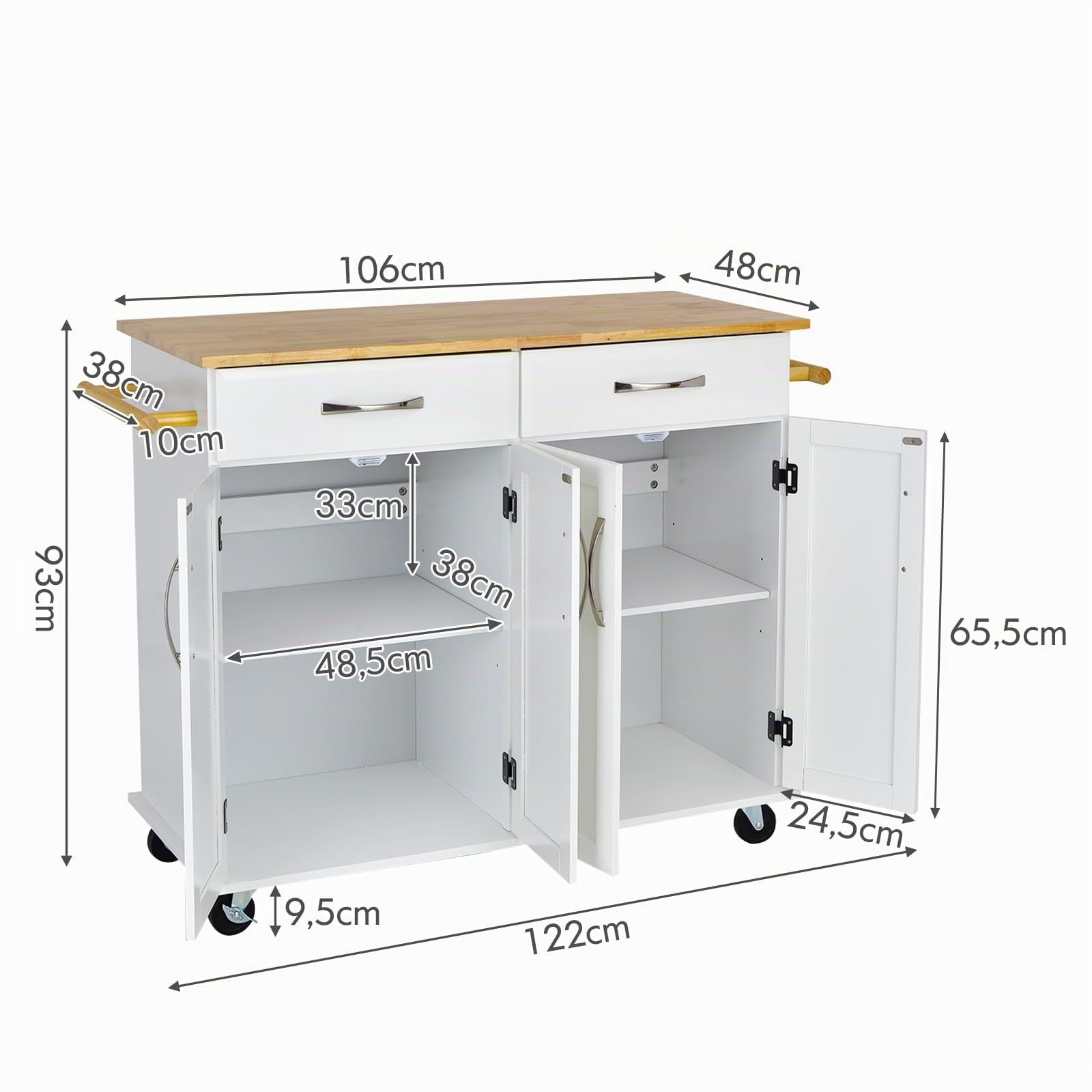 COSTWAY Desserte de Cuisine sur roulettes avec Comptoir en Bois D'hévéa, Chariot de Service à 4 Portes avec Étagères Réglables, 2 Grands Tiroirs, Porte-Serviettes, 48 x 122 x 93 cm, Blanc