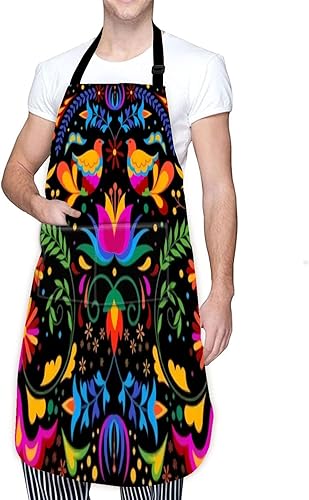 Delantal de flores mexicanas divertido y colorido delantal de cocina con 2 bolsillos, impermeable, ajustable, para hombres y mujeres, para cocinar,