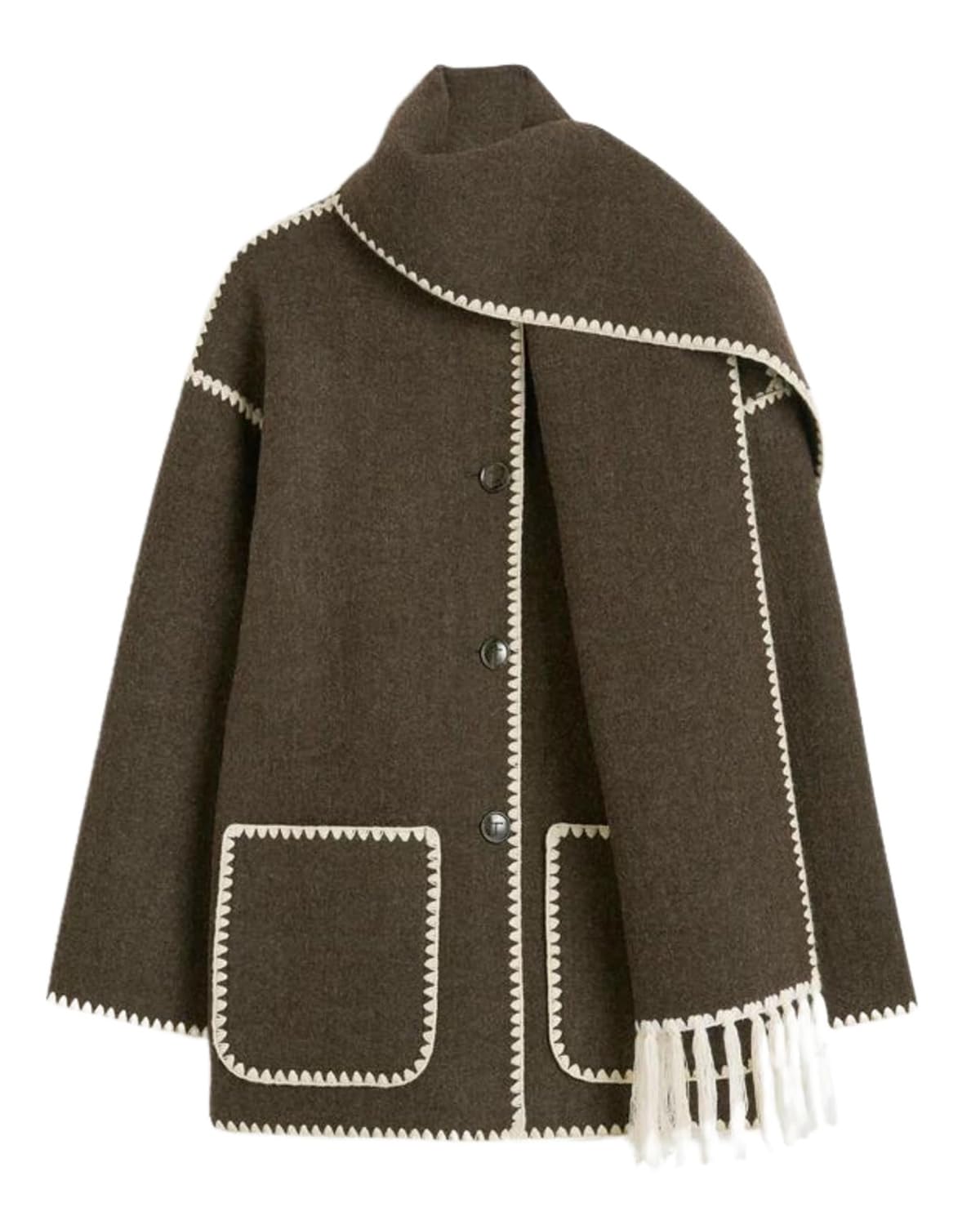 yoeasyWomen's Embroidered Wool Blend Jacket With Tassel Scarf Oversized Button Down Pockets Long Sleeve Wool Coats
