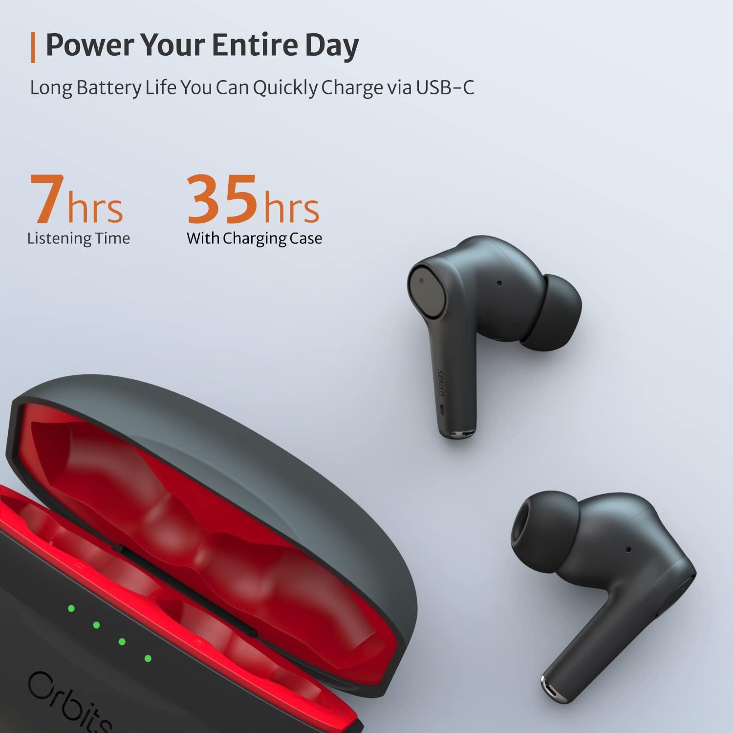 Senso Orbits Earbuds and charging case displaying battery life