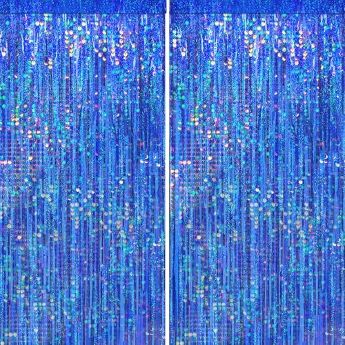 Image of 4 Packs Blue Foil Fringe Curtain, Navy Blue Metallic Tinsel Backdrop for Birthday, Wedding, Baby Shower, Bachelorette, Graduation, Galaxy Space Party Decorations Supplies