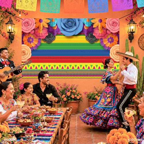 Image of Katchon, Mexican Theme Party Striped Backdrop - Pack of 1 | Fiesta Cinco De Mayo Paper Flowers Background Party Decoration for Fiesta Party,Birthday, Baby Shower, Wedding Photography Studio Props