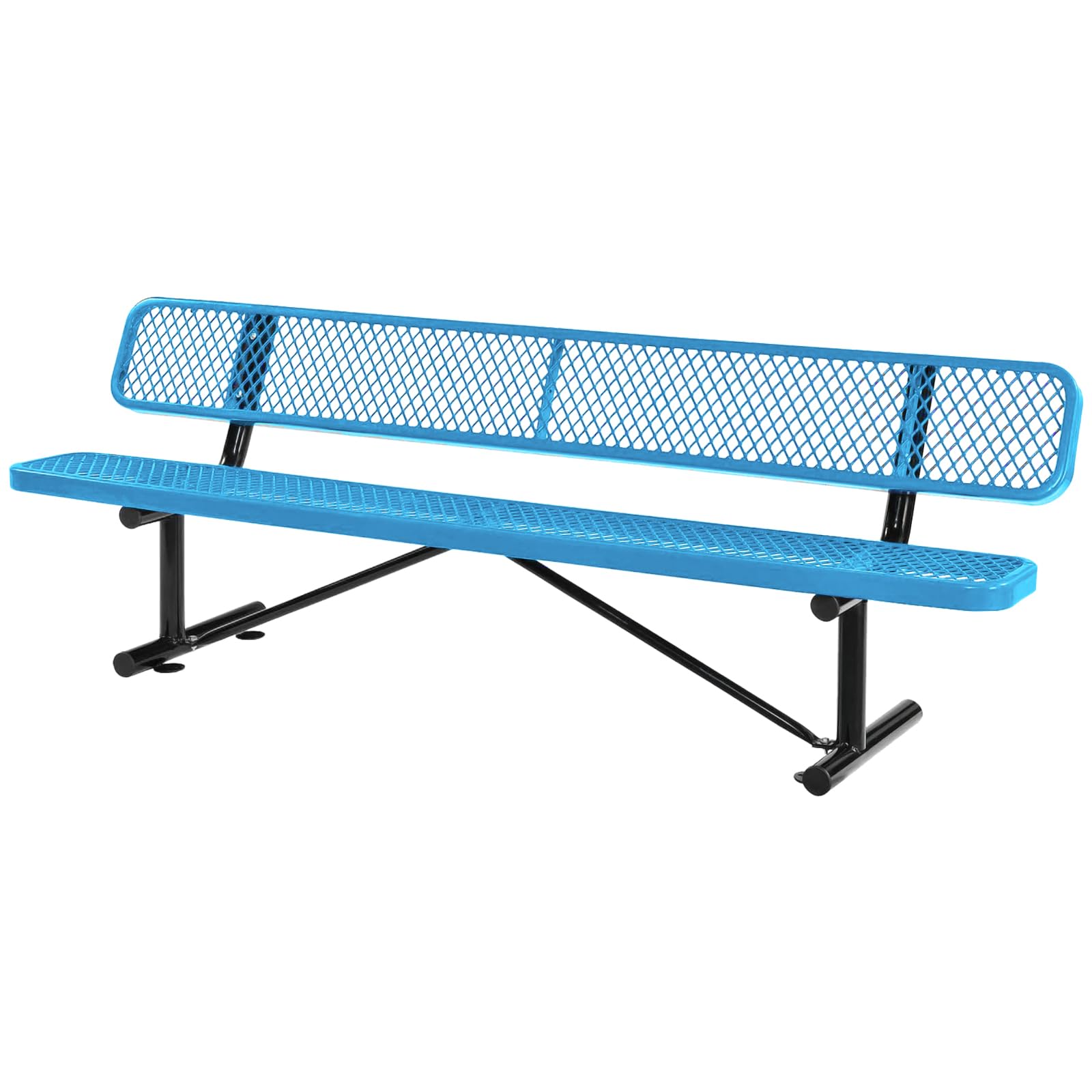 8Ft Outdoor Bench with Blue Portable Frame, Outdoor Steel Park Bench with Backrest, Expanded Metal Mesh Bench for Outside, Lawn, Backyard, Park, Deck,