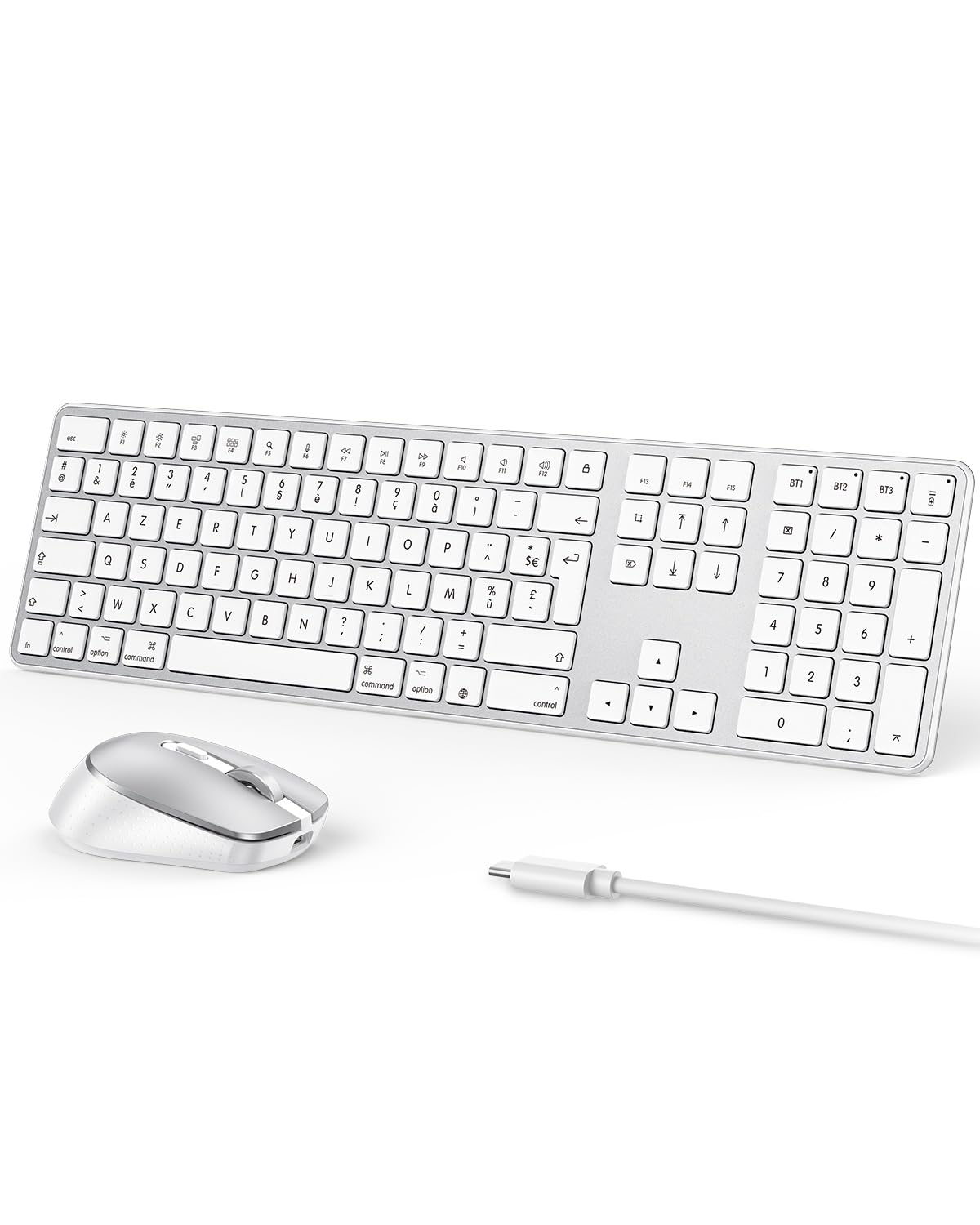 OMOTON Kit Clavier et Souris sans Fil Bluetooth pour Mac AZERTY, Argent | Rechargeable avec 3 Canaux Bluetooth, Clics Silencieux, Ultra Slim, pour Apple Mac Pro/Mini, MacBook Neo/Air, iMac, iMac Pro