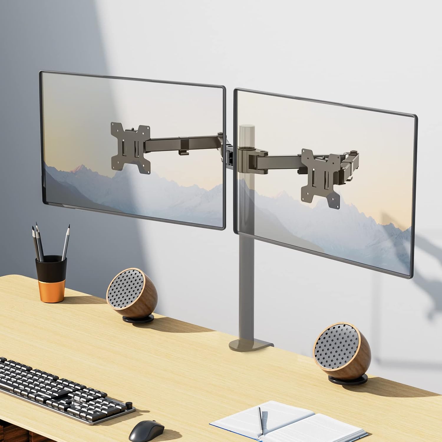 WALI Dual Monitor Arm, Fully Adjustable Pole Mount Bracket for WALI Monitor Mounting System (002ARM), Black