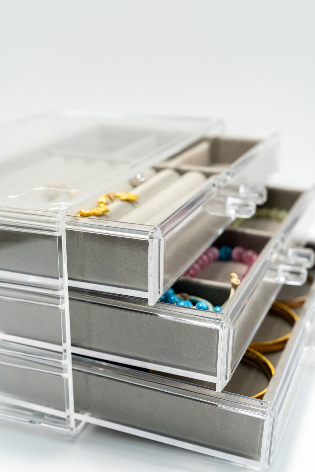 Organizer trasparente per gioielli con 5 cassetti, organizer per orecchini, scatole per gioielli da donna, espositore per orecchini in acrilico per riporre collane, orecchini anelli, grigio