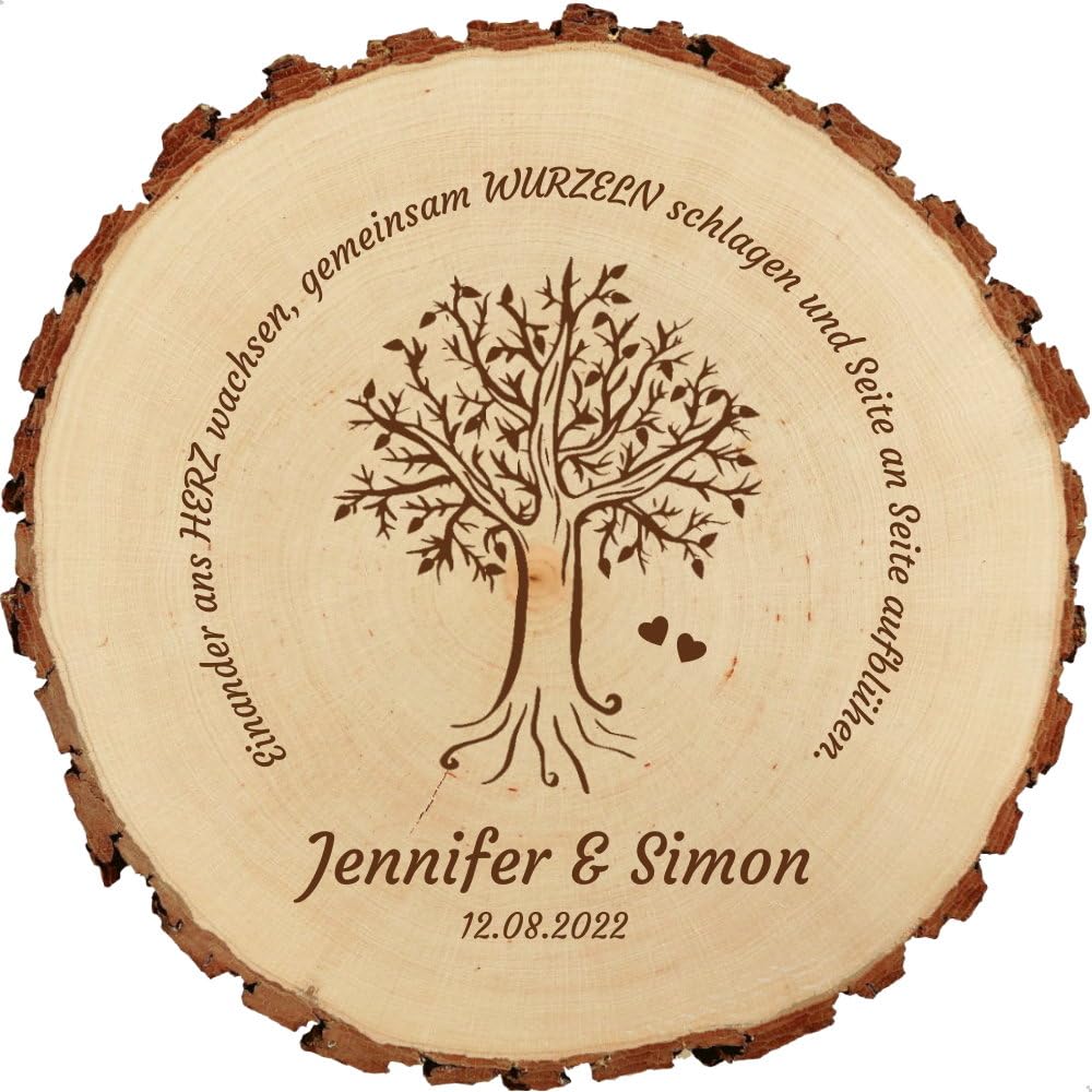 Baumscheibe 23cm mit Gravur (Namen) personalisierte Holz-Scheibe, Geschenke zur Hochzeit Vermählung Geburtstagsgeschenke, Hochzeitsgeschenke für Paare, Baum MotivH6