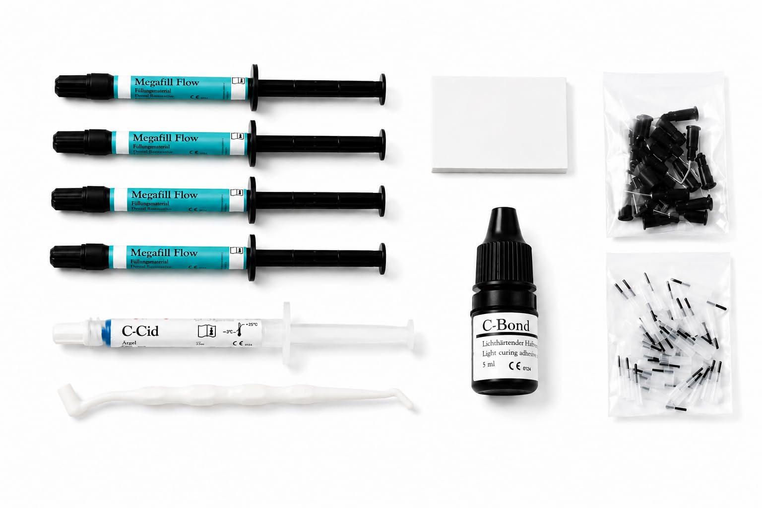 Megafill Flow Starter Kit – Kit composito fluido fotopolimerizzabile con Bonding, Gel Mordenzante ed Accessori – 4 siringhe (A1, A2, A3, A3.5) – Made in Germany