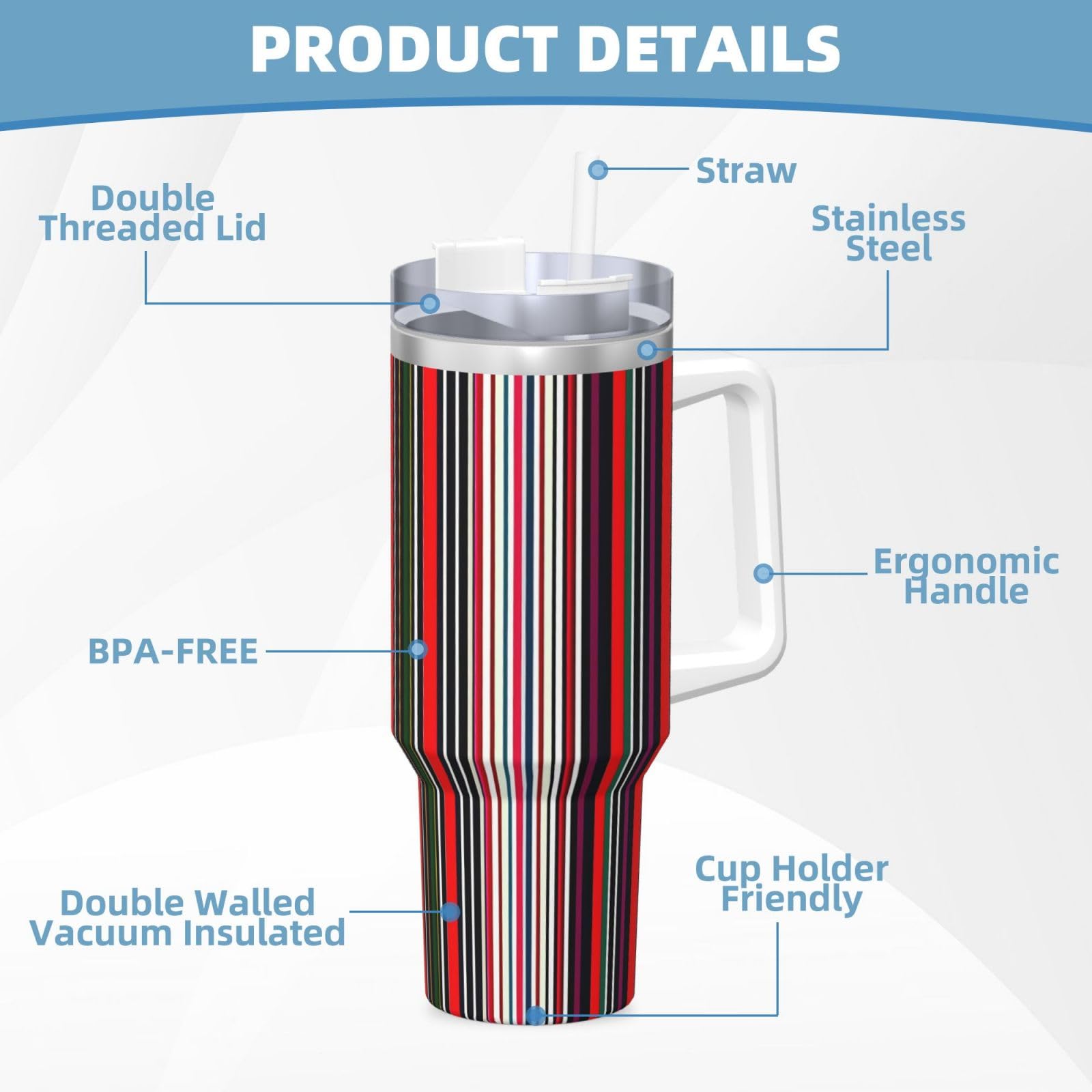 Colored Stripes Wasserflasche mit Henkel und Strohhalm-Deckel, Edelstahl, doppelwandig, isoliert, 1,2 l
