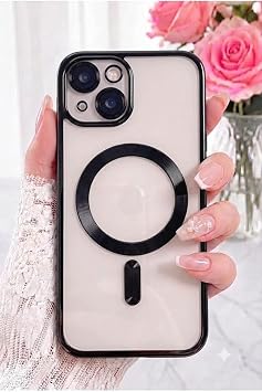 iPhone 15 Kılıf Kamera Lens Korumalı Manyetik Şarj Kilifi Şeffaf Renkli Yumuşak Kapak Siyah