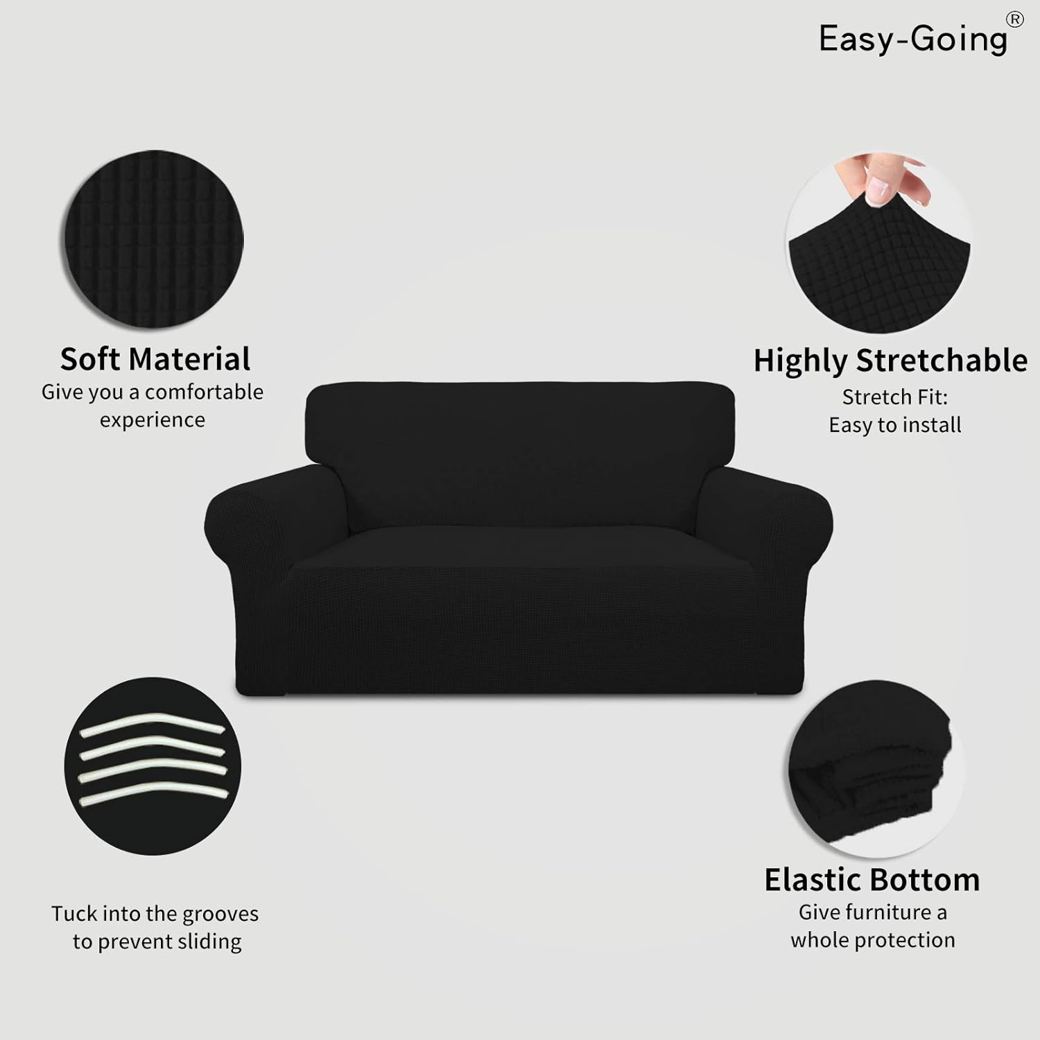 Easy-Going Stretch Loveseat Slipcover 1-Piece Sofa Cover Furniture Protector Couch Soft with Elastic Bottom for Kids Polyester Spandex Jacquard Fabric Small Checks (Loveseat, Black)