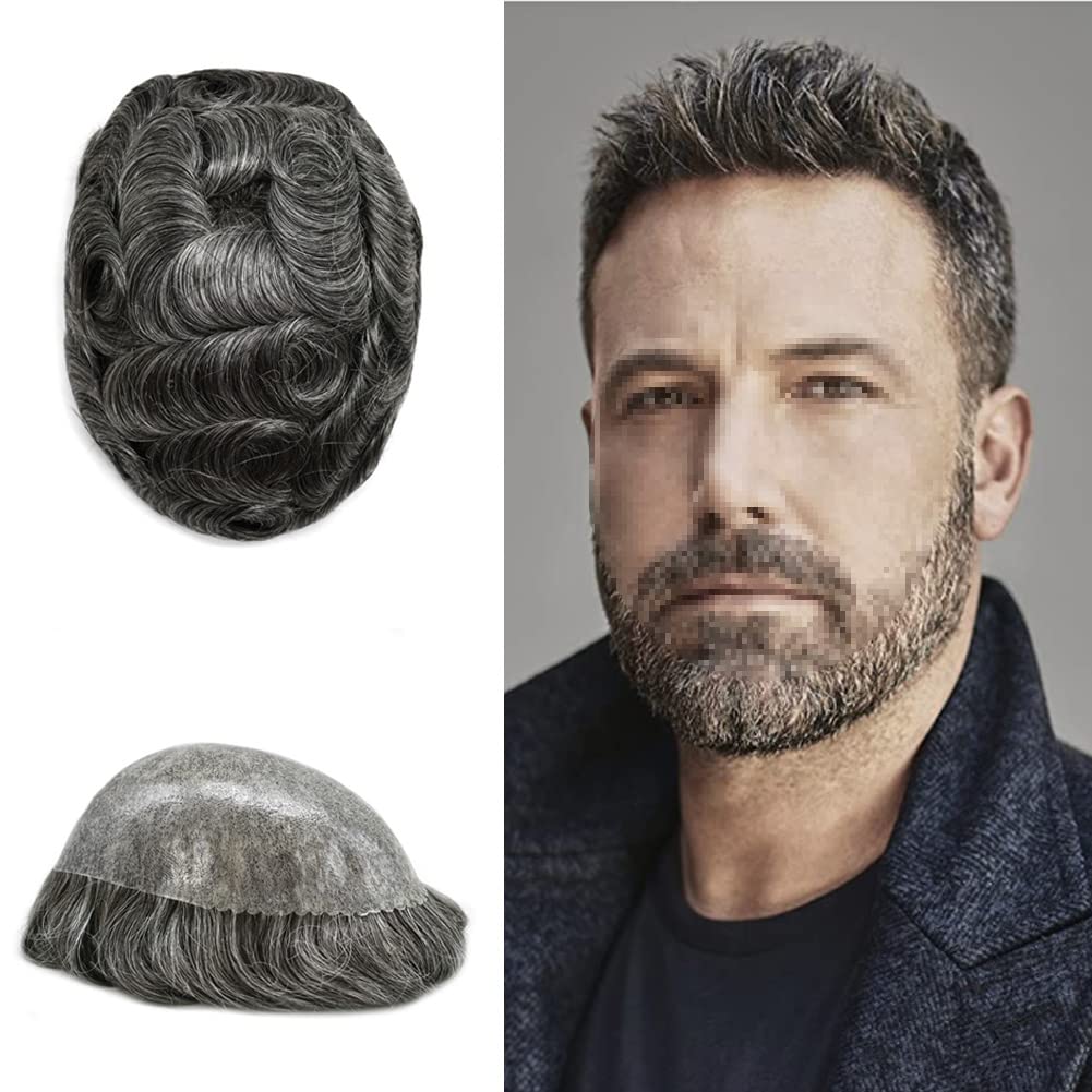 Healthlif Hair Piece Toupee for Men Human Hair Replacement Durable Hair System PU Injected Mens Toupee Hairpiece All Poly Protesis Capilar Para Hombre 8''X10'' #1B50#1B Off Black+50% Grey