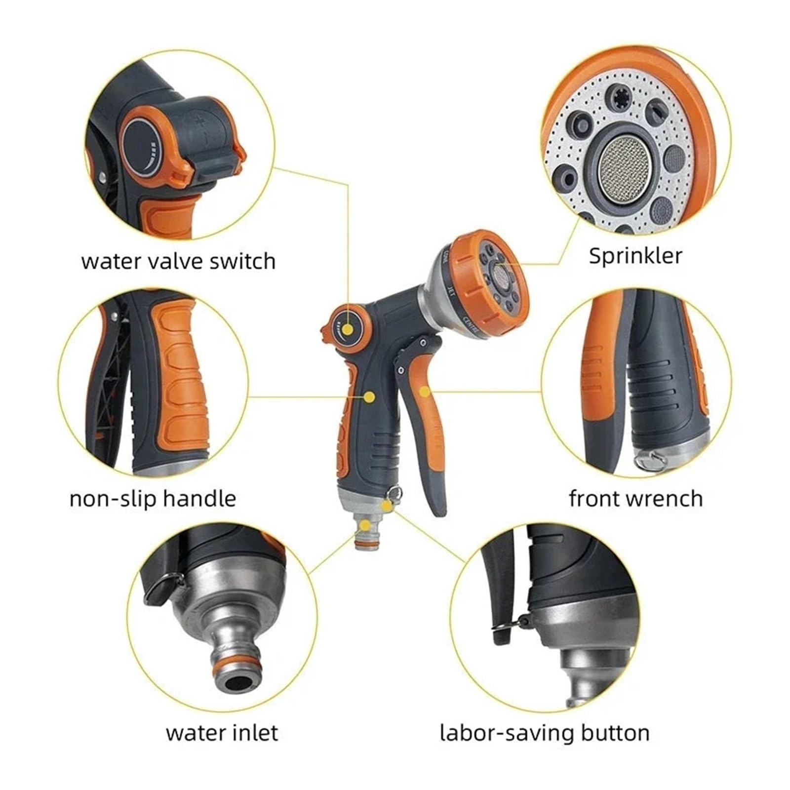 Pistolet d'arrosage avec embout multi-jets, Eau de jardin ABS à 8 modes, buse rotative, pouce, arrosage et lavage voiture avec poignée TPR