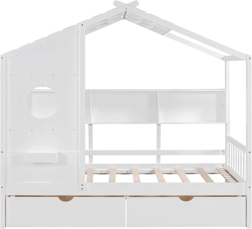Miniatura 159 de Cama de casa de tamaño individual con 2 cajones, marco de cama de madera y barandilla de seguridad. Ahorra espacio, ideal para el dormitorio de un