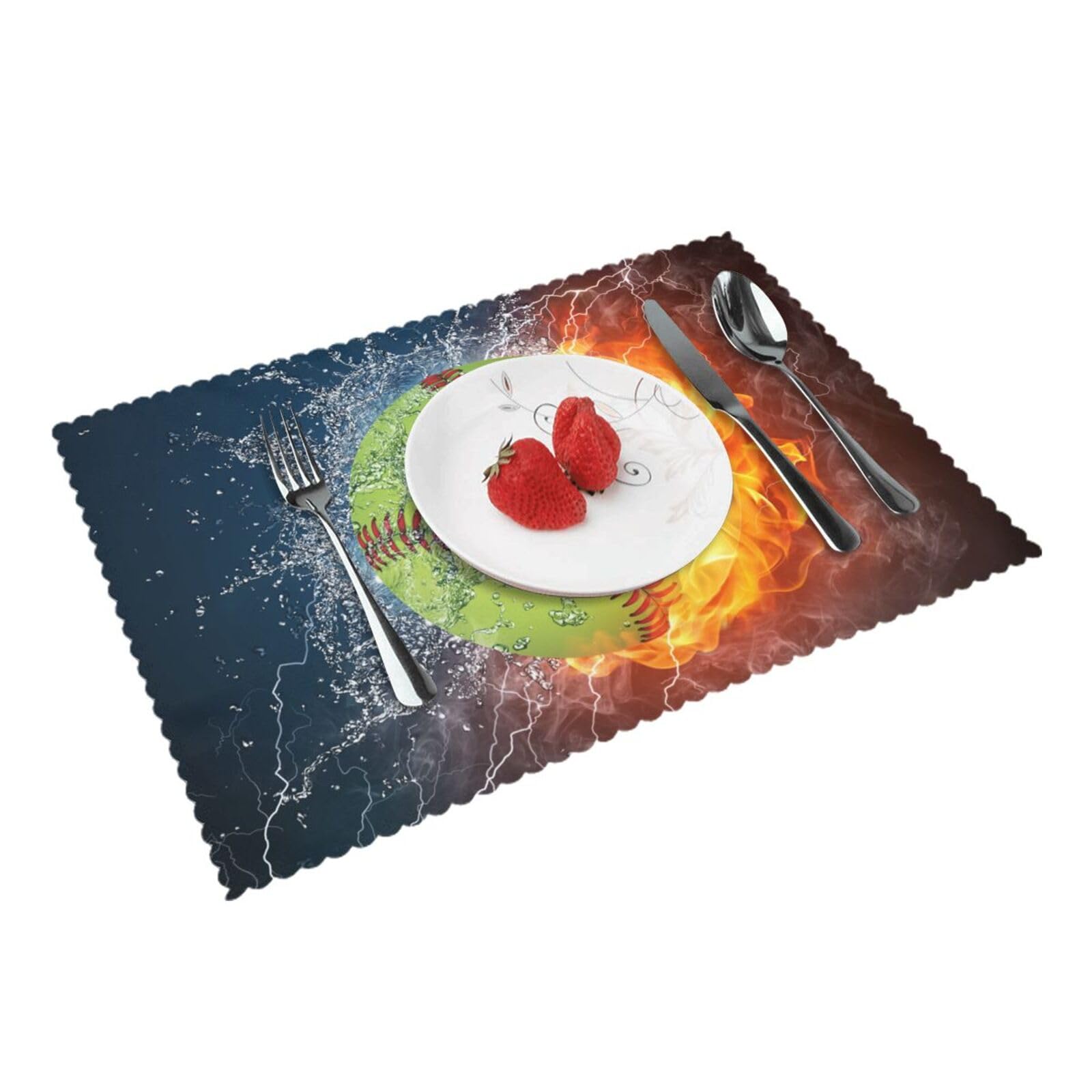 Orange Softball Baseball on Fire and Water Printed Placemats Set of 4 PCS Washable Placemat for Kitchen Table Heat-resistant Table Mats 45x30 CM