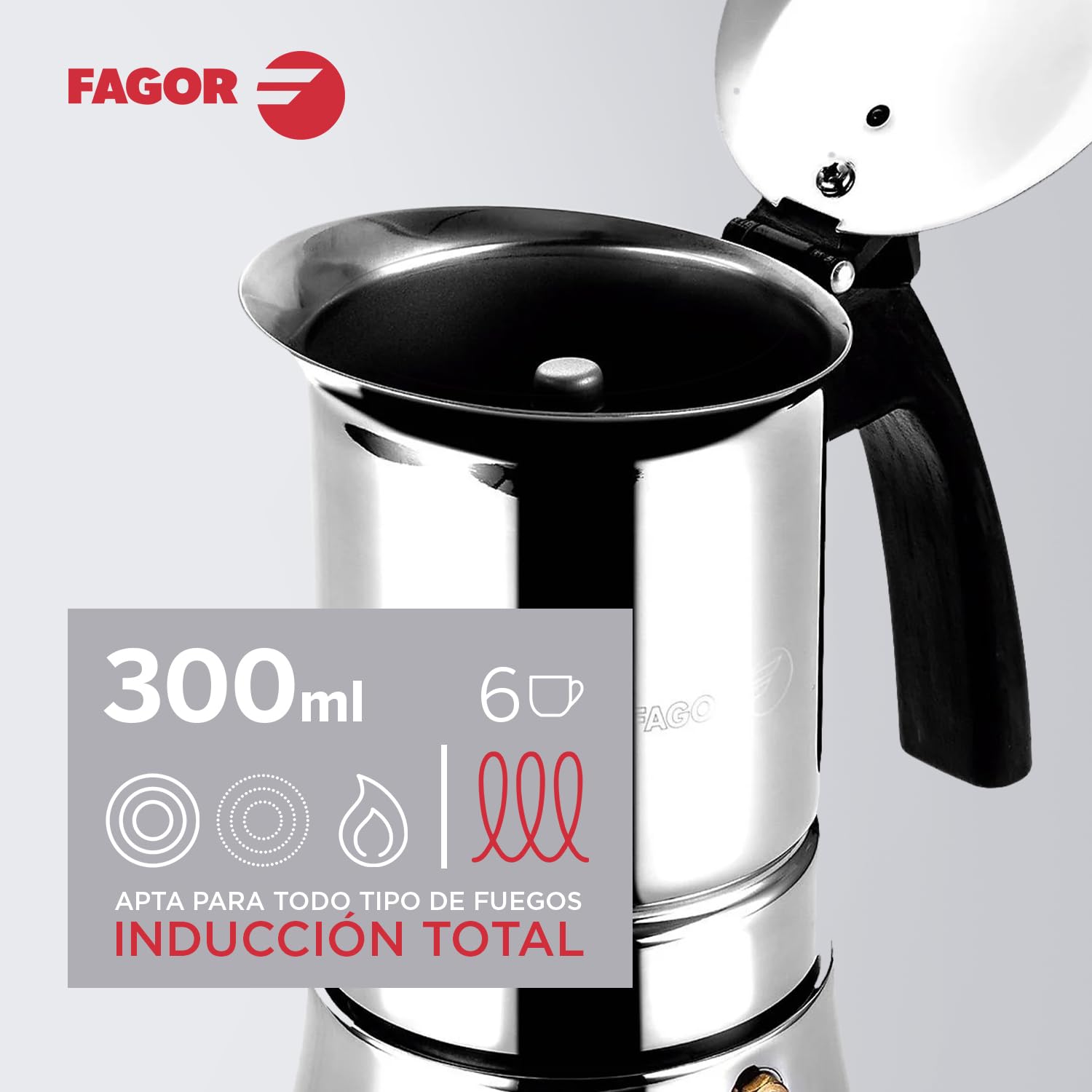 Fagor Etnica - Cafetera Italiana 6 Tazas + 6 Cucharas Moka, Acero Inoxidable, Todo Tipo de Cocinas, Inducción, Mango Ergonómicos de Nylon, Café