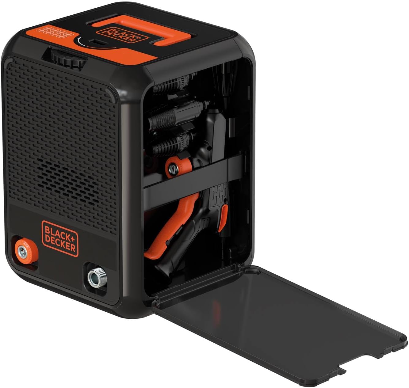 BLACK+DECKER pressure washer with its hose storage compartment open