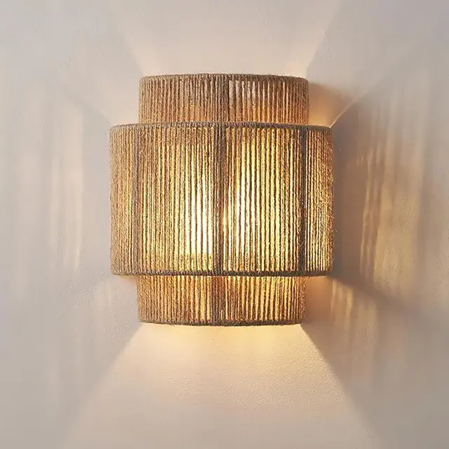 9 Inch Rattan Wall Sconce - Boho Hemp Rope Light for Bedroom, Bathroom & Hallway