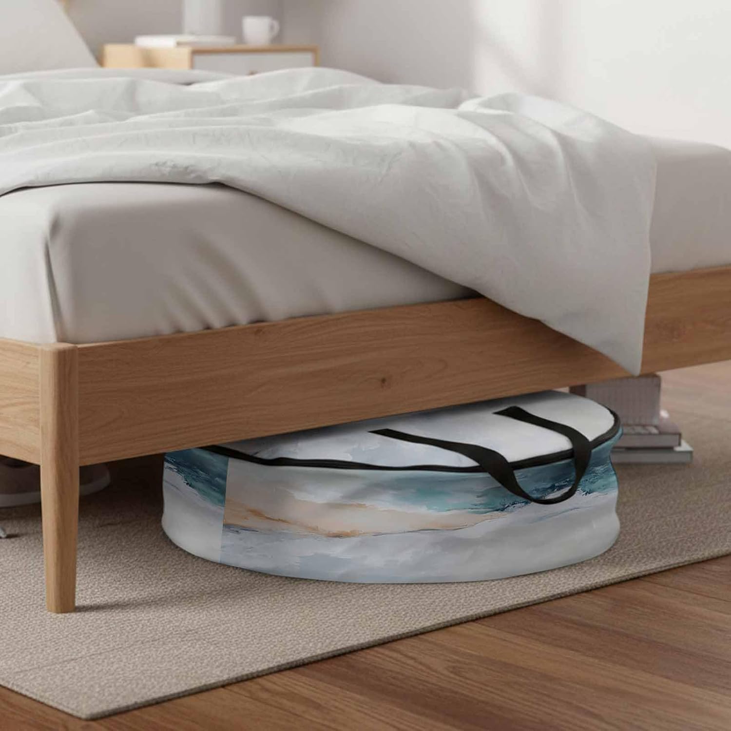 Abstract Waves Beach Art Round Storage Bag 36 Inch, Oil Painting Style Blue Sea Clothes Storage Container with Handles Heavy Duty Organizer for Comforter, Bedding & Holiday Wreaths