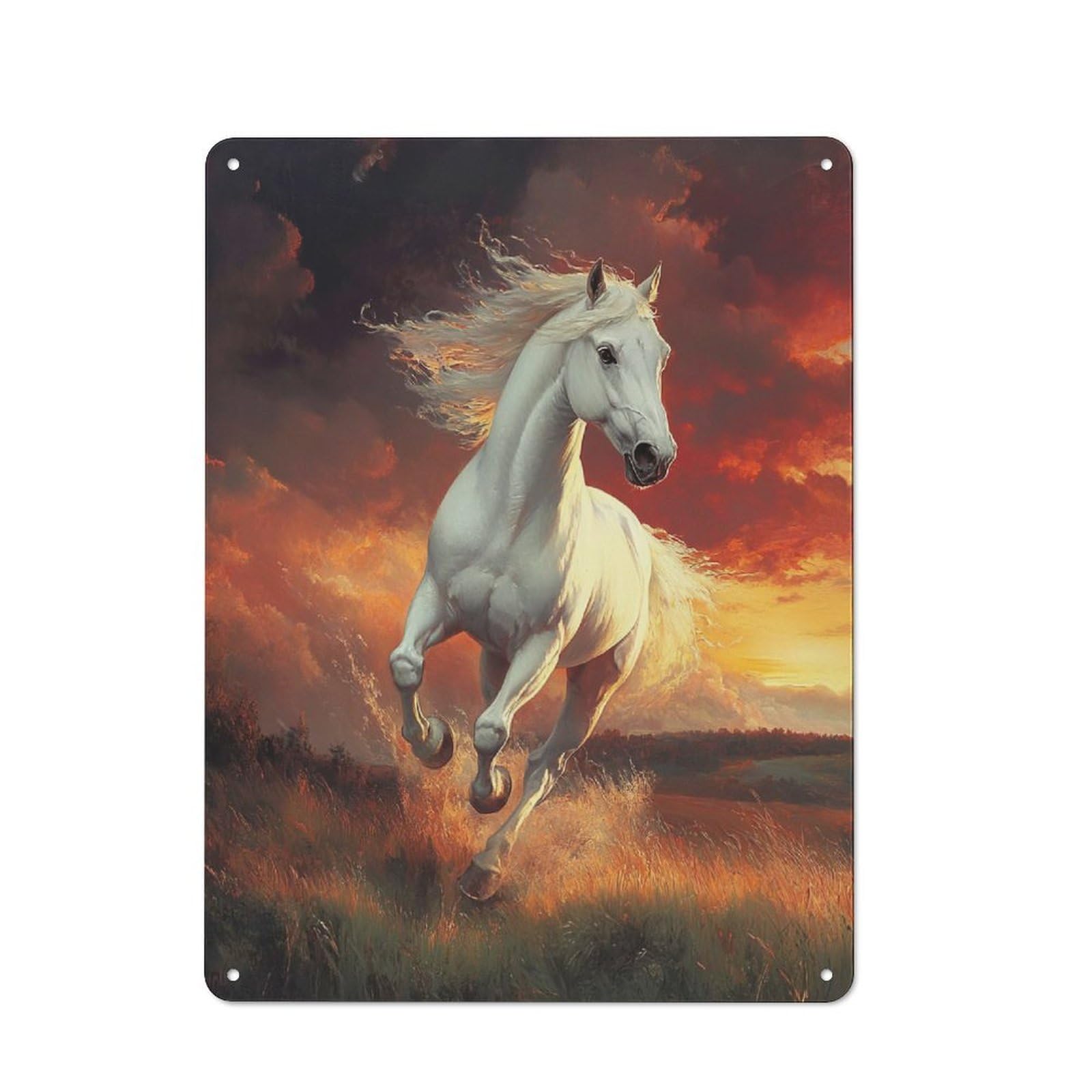 Junmoney White Horse Running Sunset Metal Plaque 40X30cm With For Pub Or Café, Retro Decor, For Pub Decor Enthusiasts Refreshing A Room In Autumn
