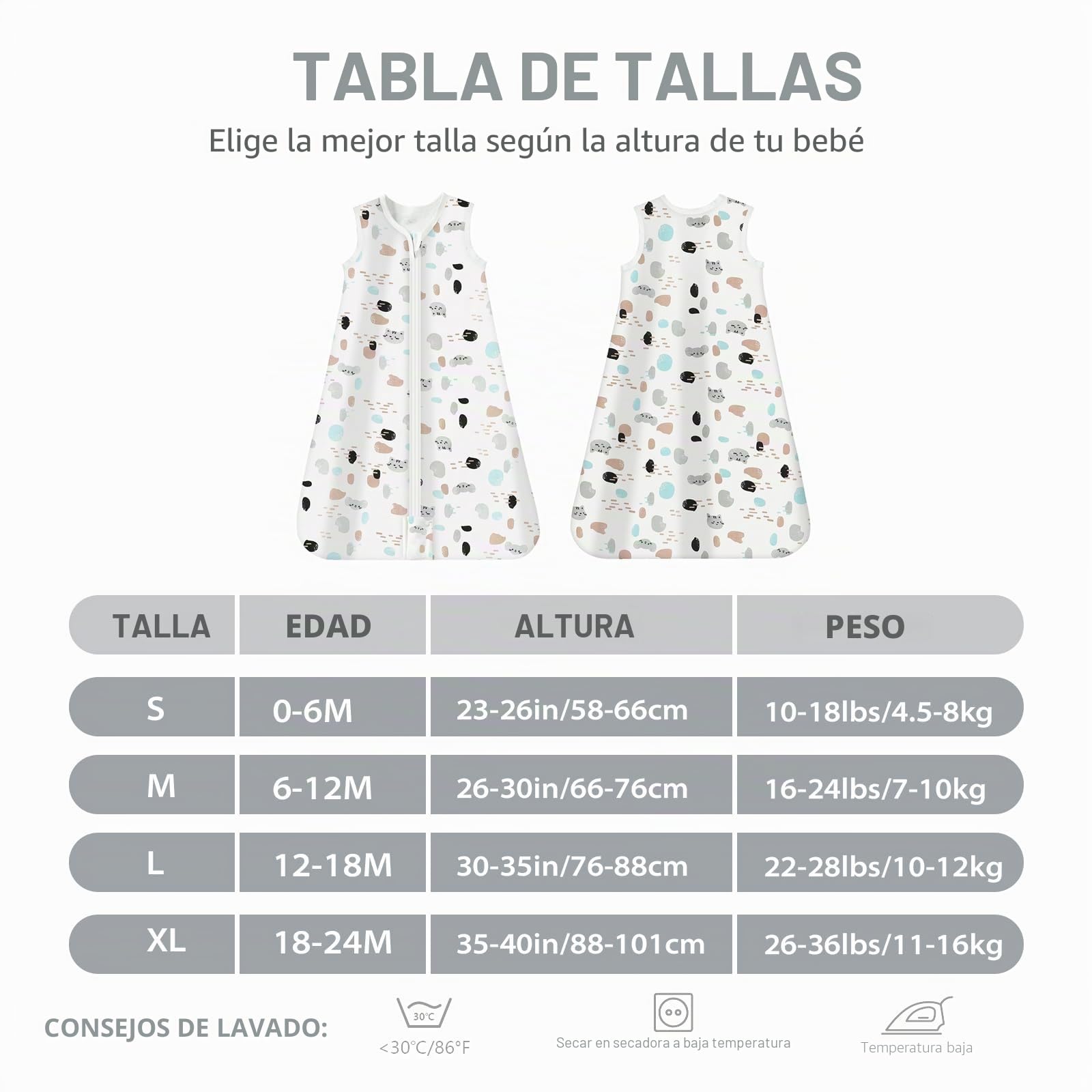 Mosebears Saco de Dormir de Verano Para Bebés 0,5 Tog Saco de Dormir Transpirable para bebés 100% Algodón Spot Cat, S (0-6 meses)