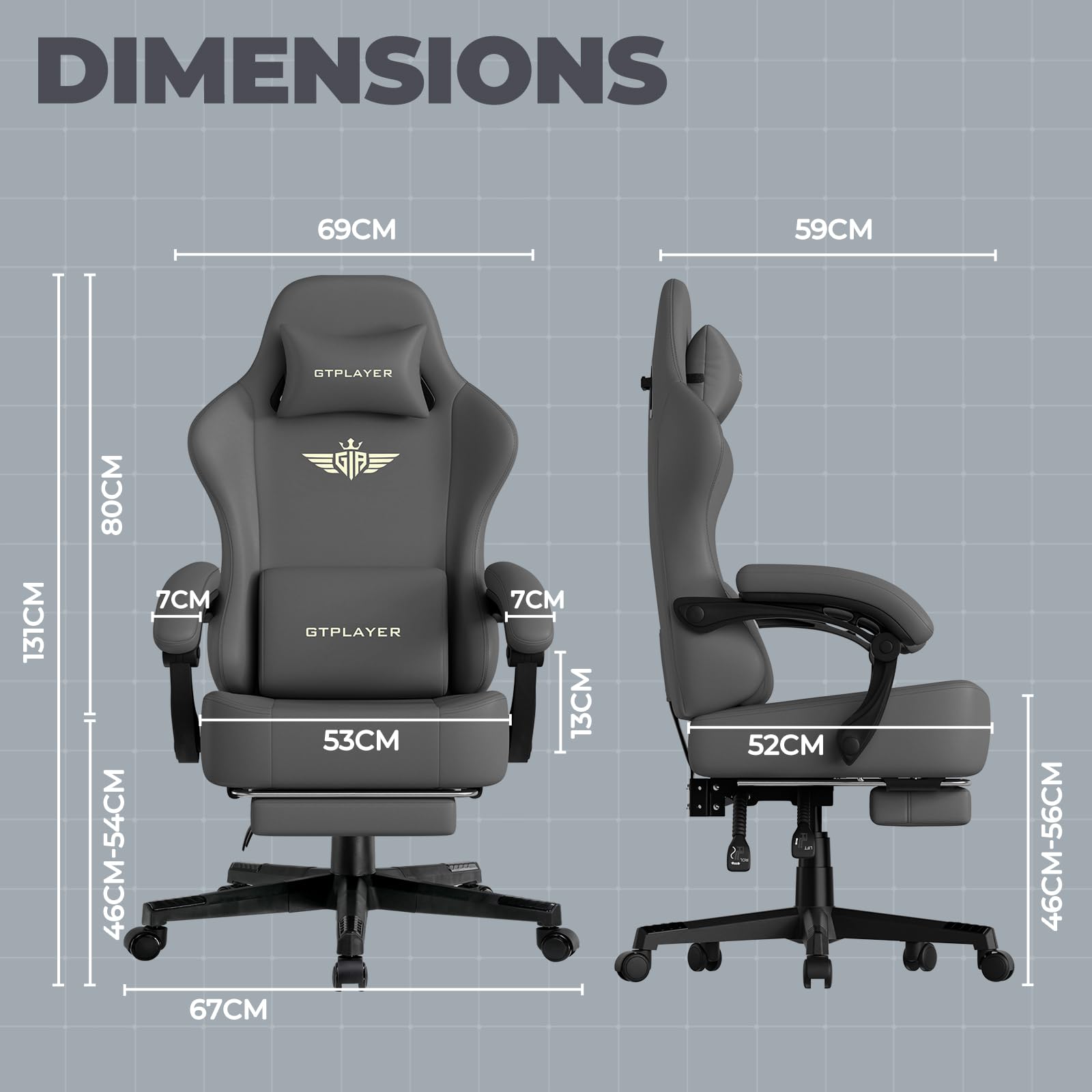GTPLAYER Silla para Juegos, Silla de Oficina Transpirable, Silla ergonómica de PC, Tela, Respaldo Ajustable 160° y reposapiés Extensible, ergonómica, Cuero sintético, Carga 180 kg, Gris