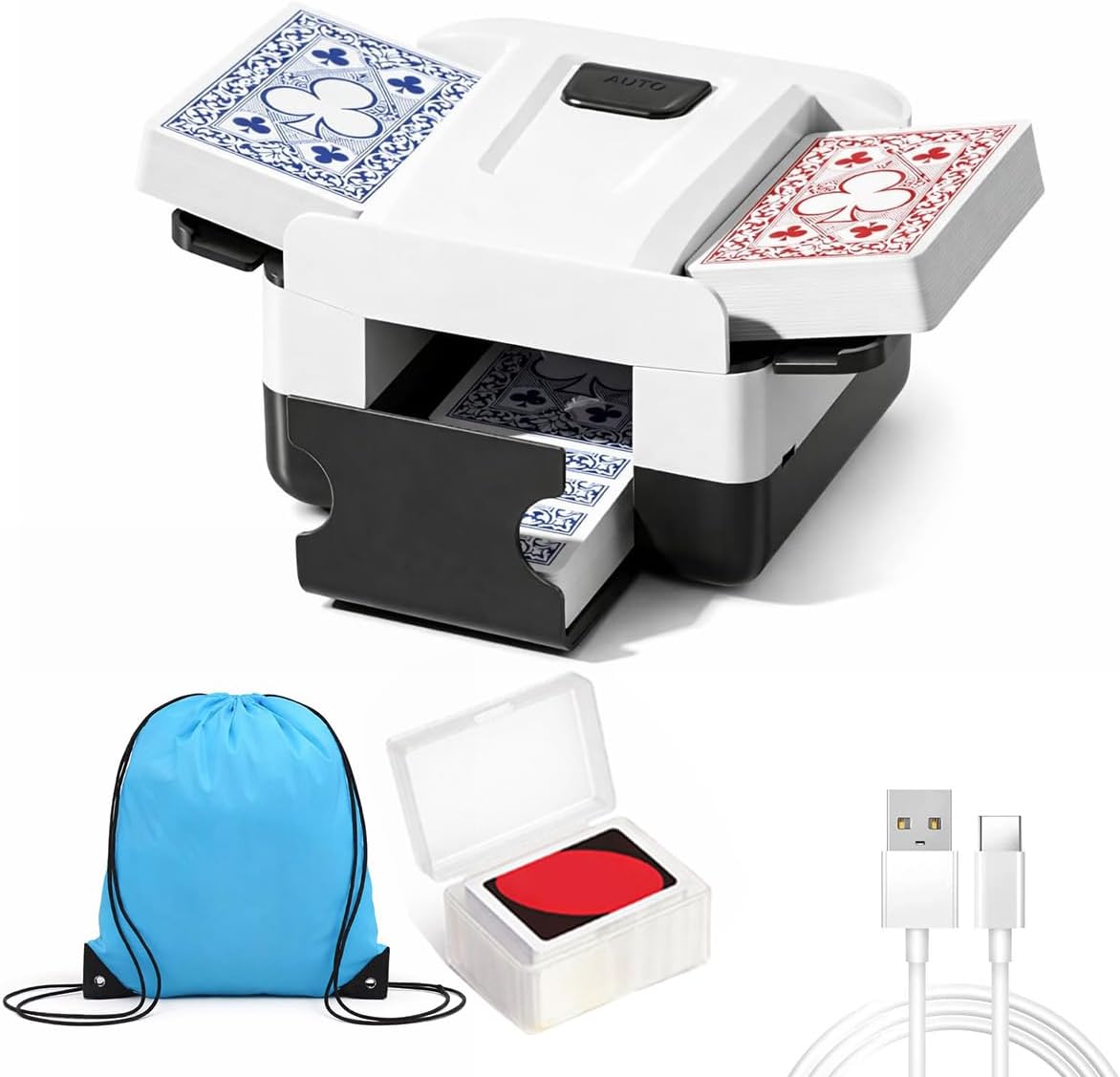 Automatic Card Shuffler for 1–2 Decks with Built-in Card Box, Dual Motor Low-Noise Electric Shuffler, 2000mAh Rechargeable Battery with Type-C Charging, Carry Bag for Poker, UNO & Blackjack