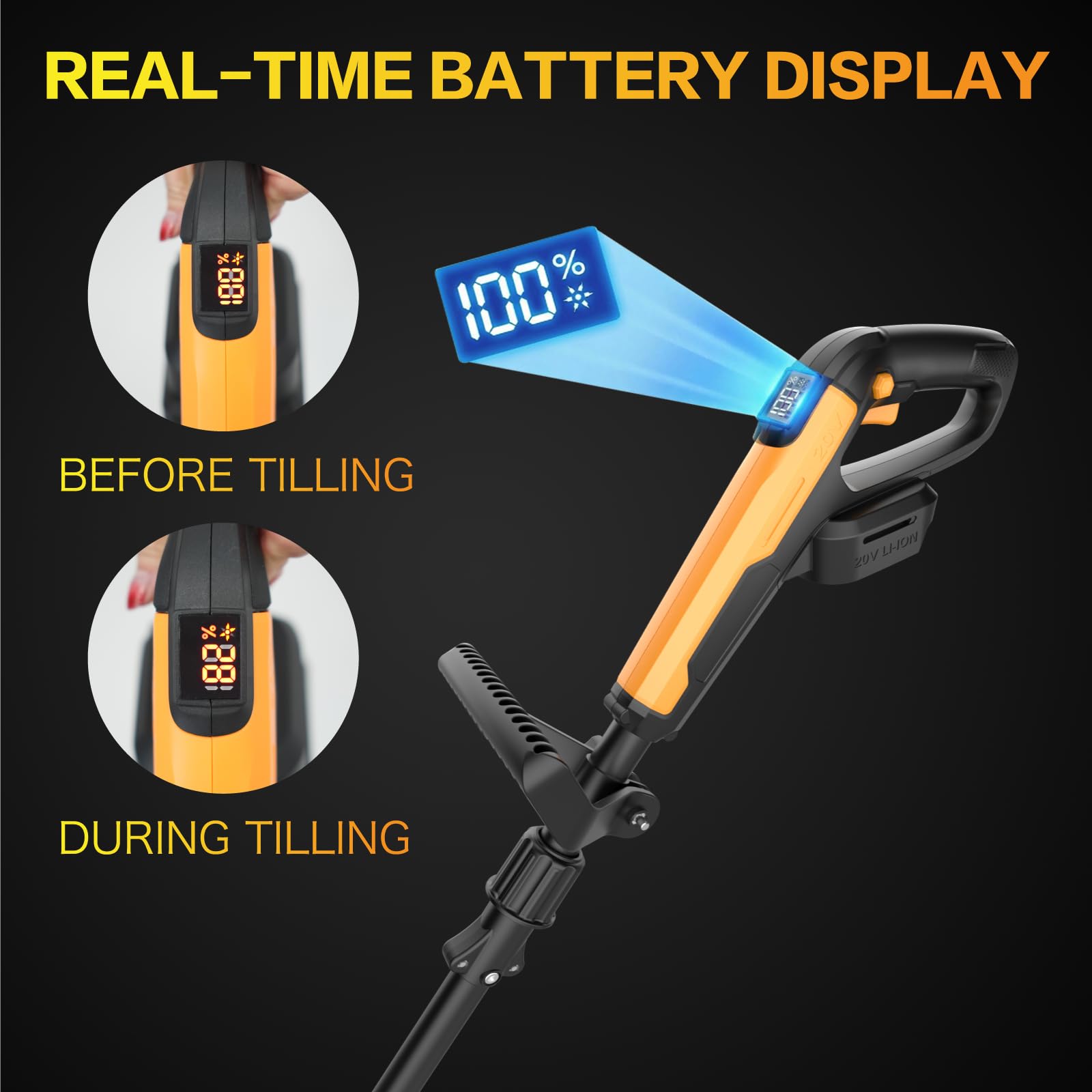 Motobineuse sans Fil 20V avec Batterie 4.0Ah et Chargeur, Cultivateur Motoculteur Rotatif Électrique, Largeur 23cm Profondeur 18cm, pour Petit Jardin et Parterres de Fleurs