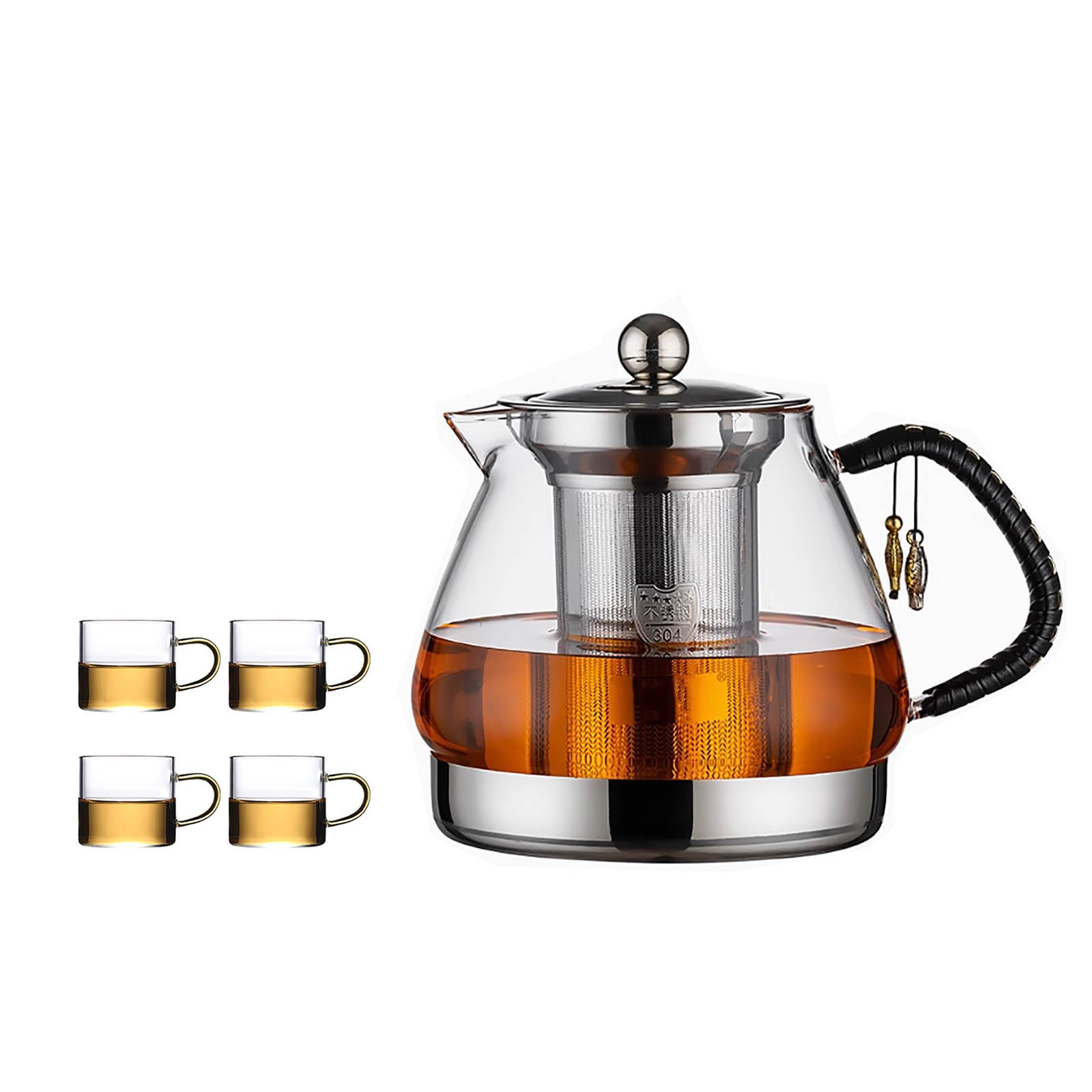 Induction Cooker Special Teapot With Cool Handle, Heat Resistant Borosilicate Glass Teapot With Stainless Steel Inner Filter, Tea Kettle Stovetop Glass Flower (1.4L)