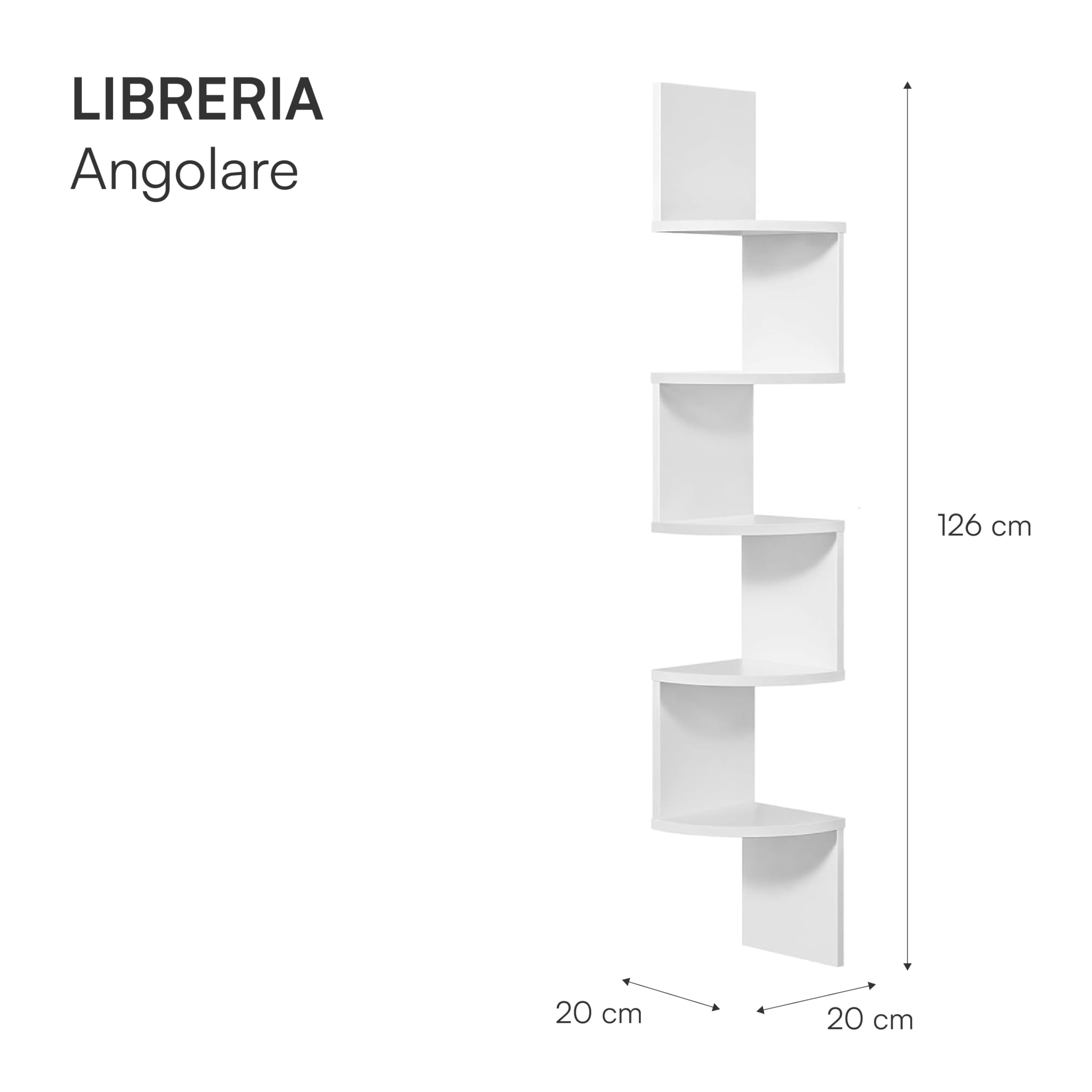 Baroni Home Libreria Angolare da Parete, Scaffale Salvaspazio con 5 Ripiani, in Plastic Wood, Libreria Bianca Design Moderno, Montaggio ad Incastro, 20x20x126 cm Bianco