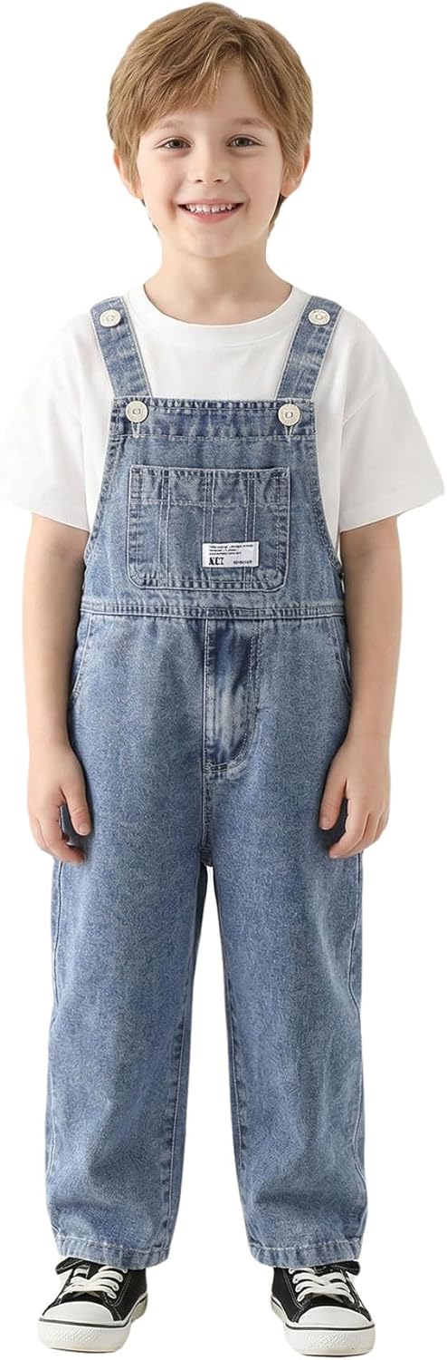 Boys Denim Overalls with Zipper Fly, Loose Fit Jean Jumpsuit for Kids 5-12 Years, Convenient for Pee