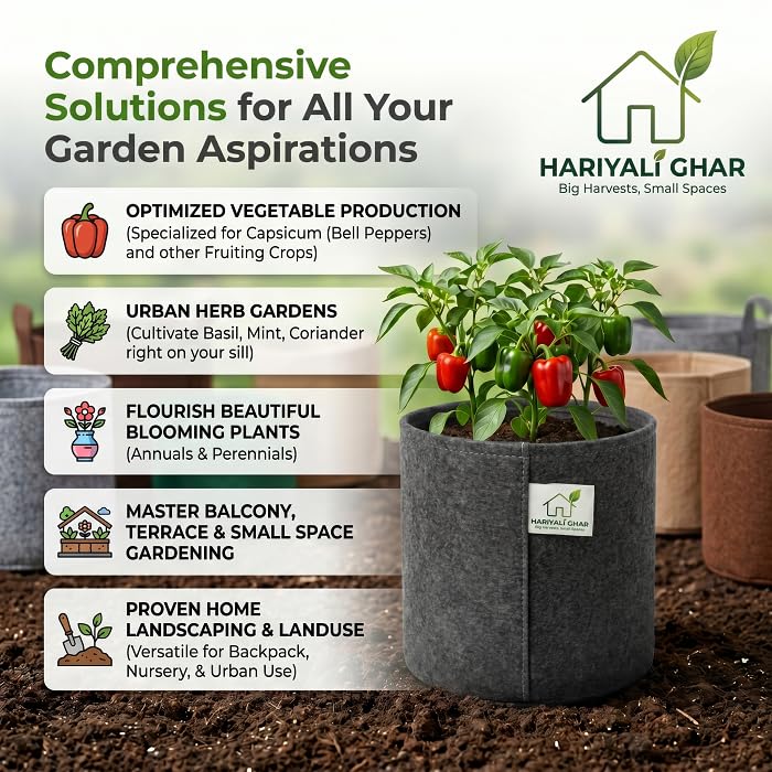 Image of 400 GSM Geo Fabric Round Grow Bags 18x18 Inch, Dark Grey Planting Bags for Terrace and Kitchen Gardening Pack of 2
