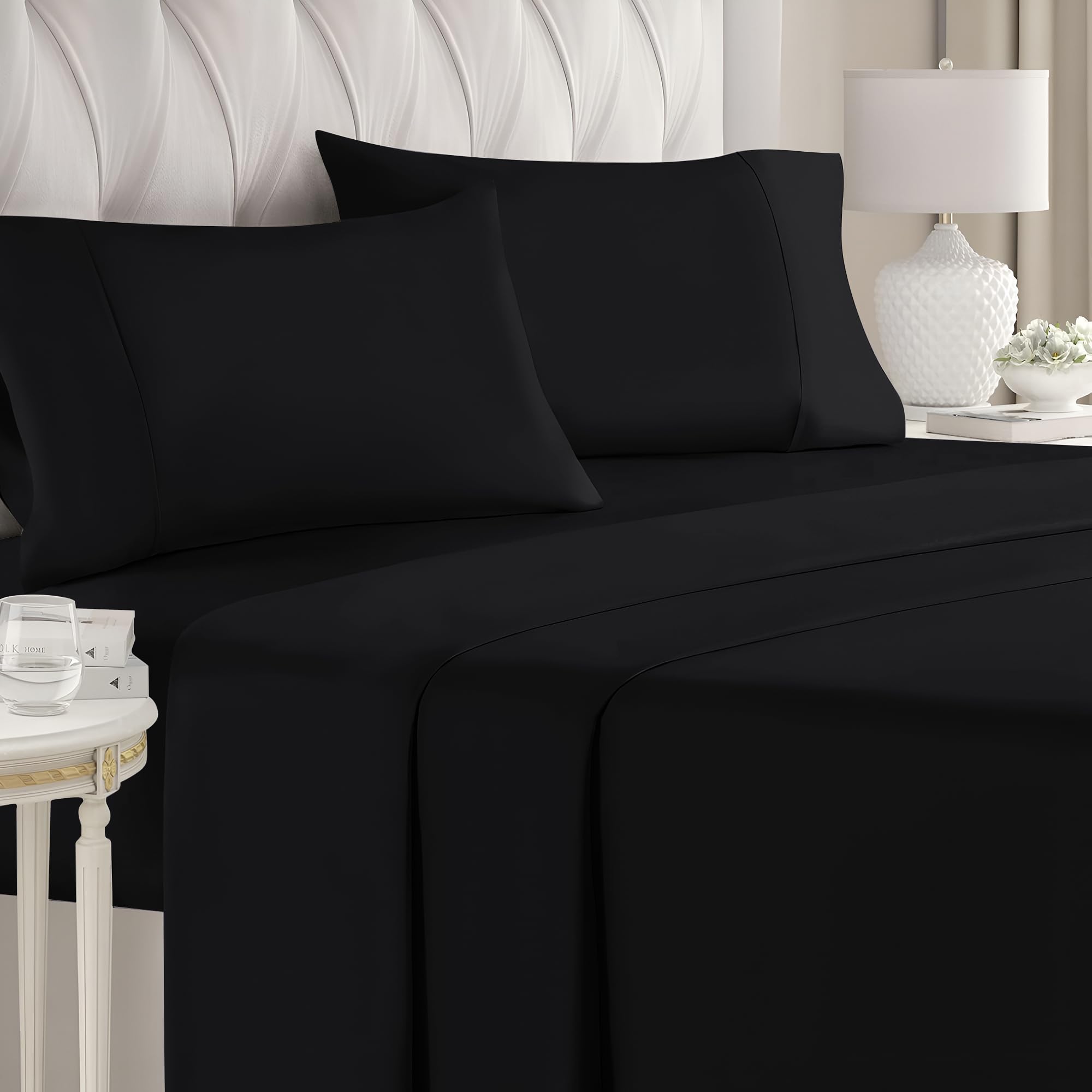 Hafaa Flat Sheet 100% Egyptian Cotton Bed Sheets 200 Thread Count Super Soft & Breathable Hotel Quality Bed Sheet - Wrinkle & Shrinkage Resistant (Black, Super King) โ image 1