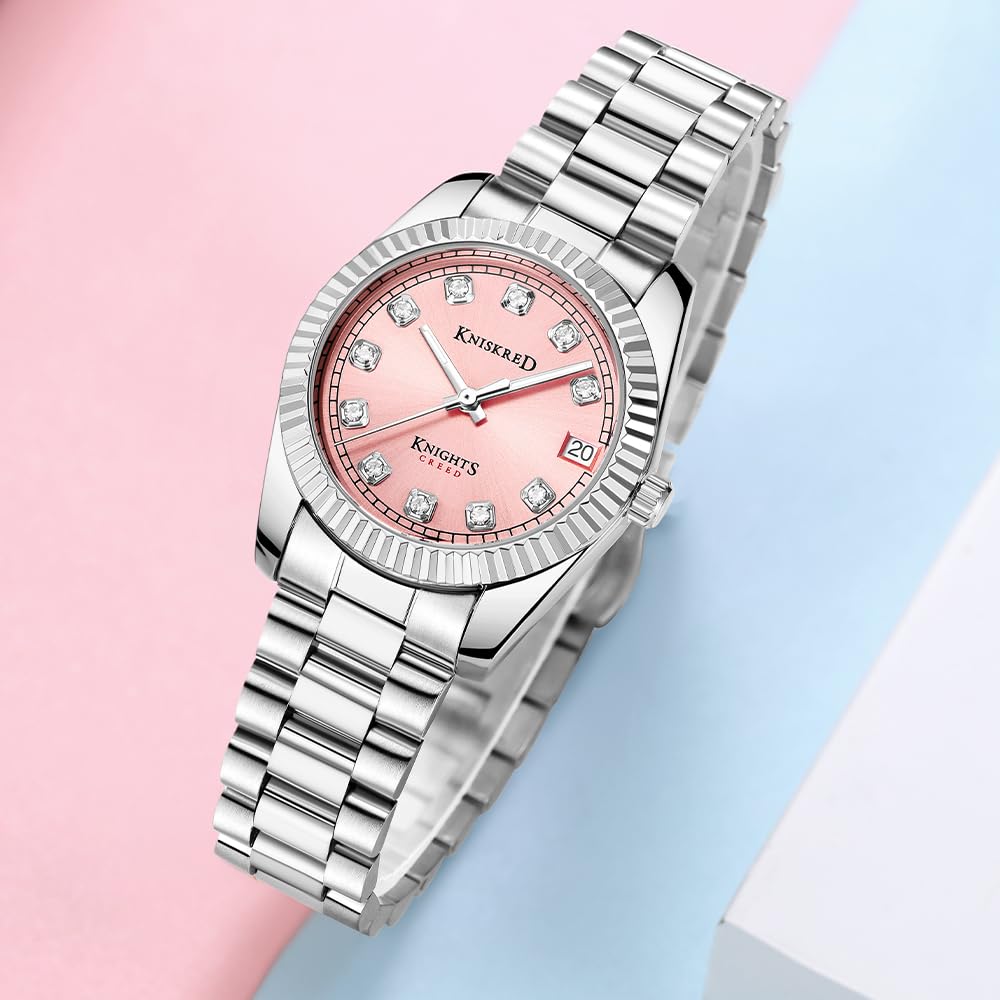 Montre Classique pour Femmes avec Cristal Accentué et Bande en Acier Inoxydable Solide Dames Robe Montre Résistante à l'eau
