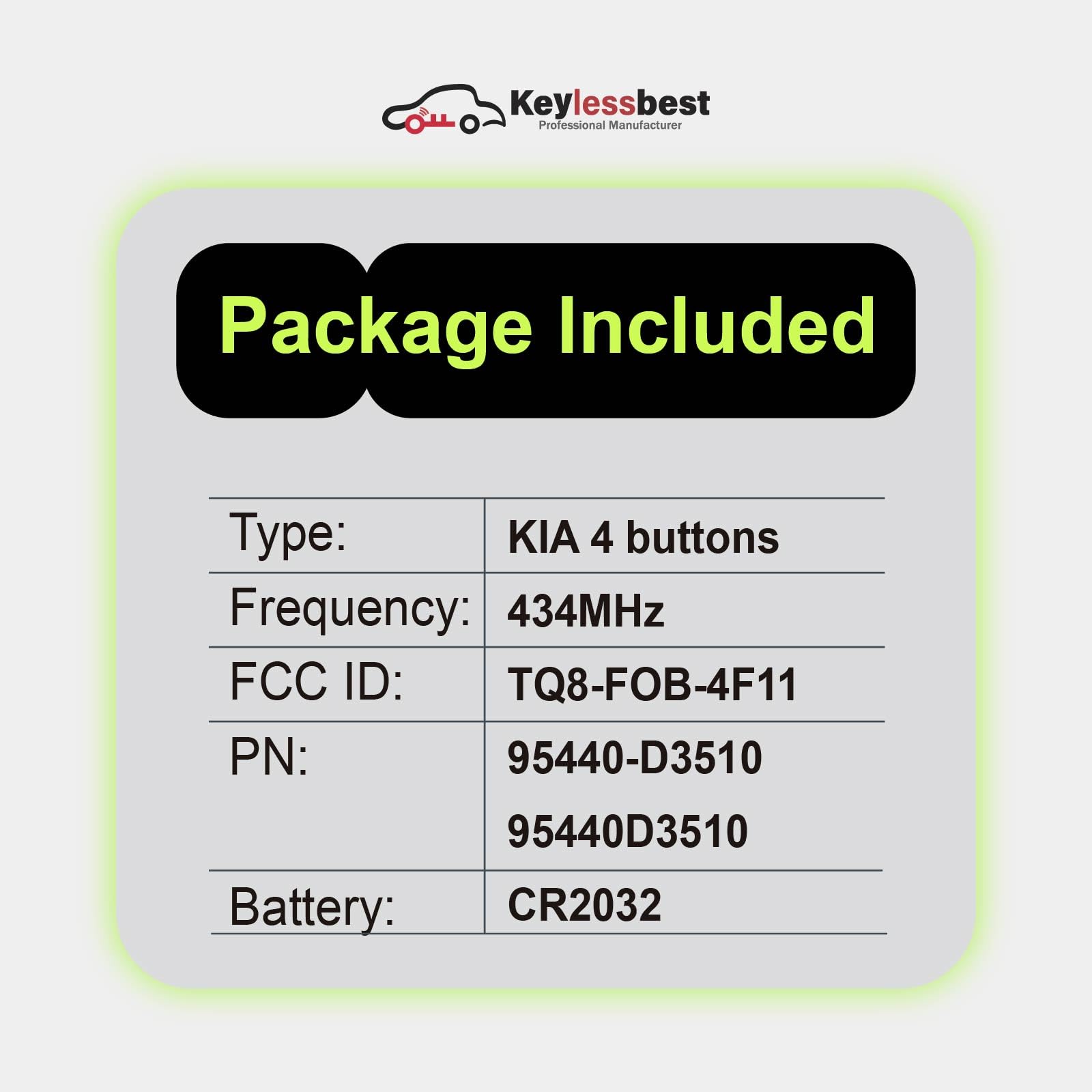 2 Keylessbest - Telecomando di ricambio per Hyundai Tucson 2019 2020 2021 TQ8-FOB-4F11 4 pulsanti 434 MHz