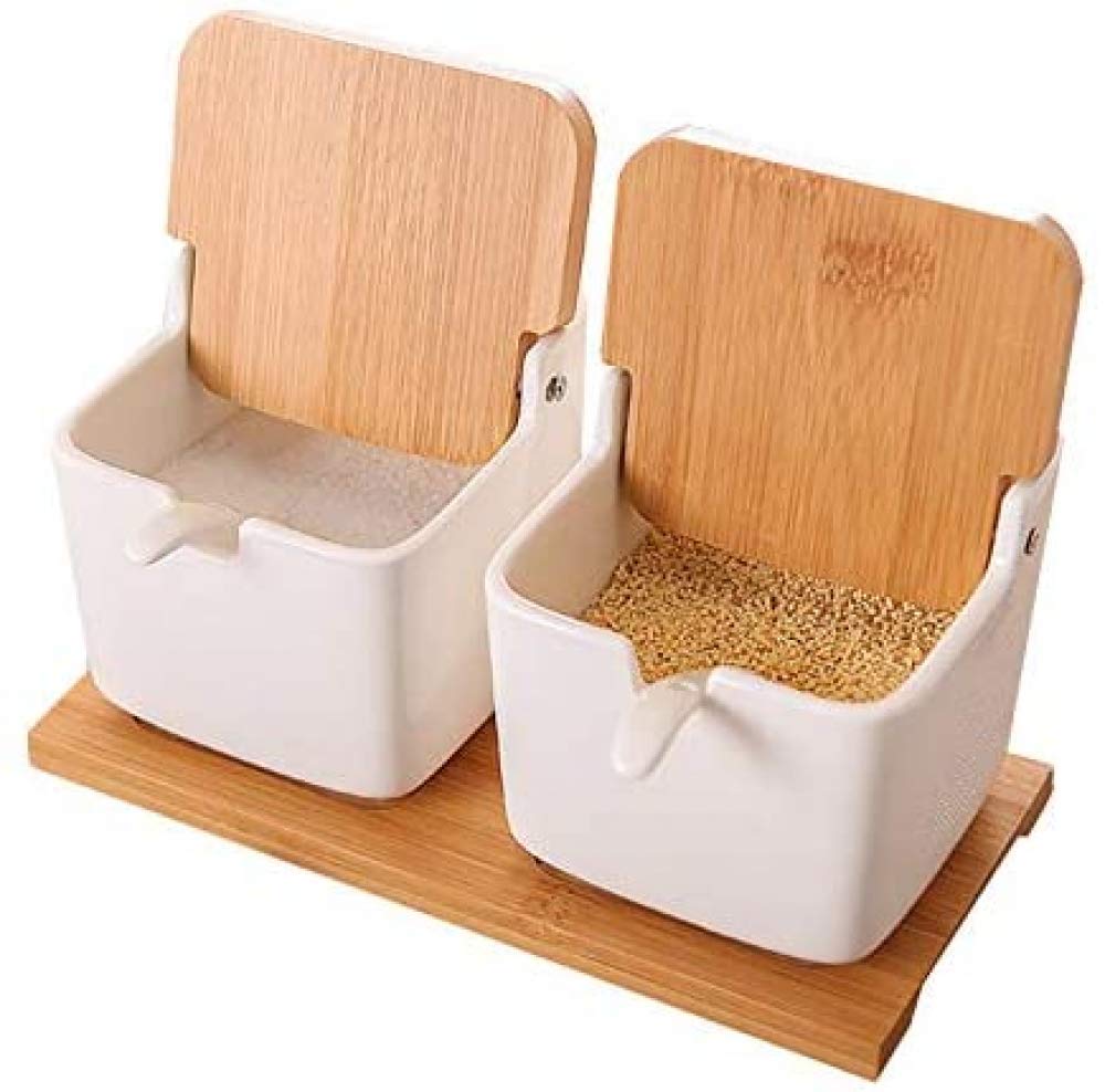 Zuccheriera con Coperchi e Cucchiai, Zuccheriera in Ceramica con Base in Legno, Portaspezie da Cucina-2-piece suit