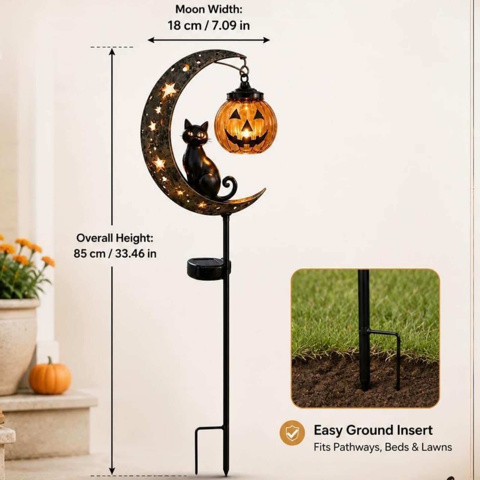 Lampada Solare da Giardino a Forma di Gatto Nero per Halloween, da Appendere a Forma di Zucca o Luna | Lampada da Giardino a Forma di Zucca e Luna, in Metallo Resistente alle intem