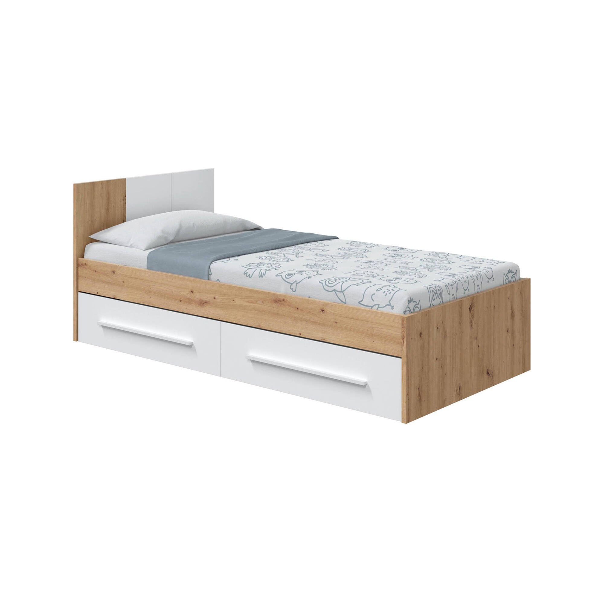 Dmora - Letto per bambini Anaheim, Letto singolo contenitore con testiera, Struttura letto 2 cassetti, 196x97h77 cm, Rovere nodi e Bianco