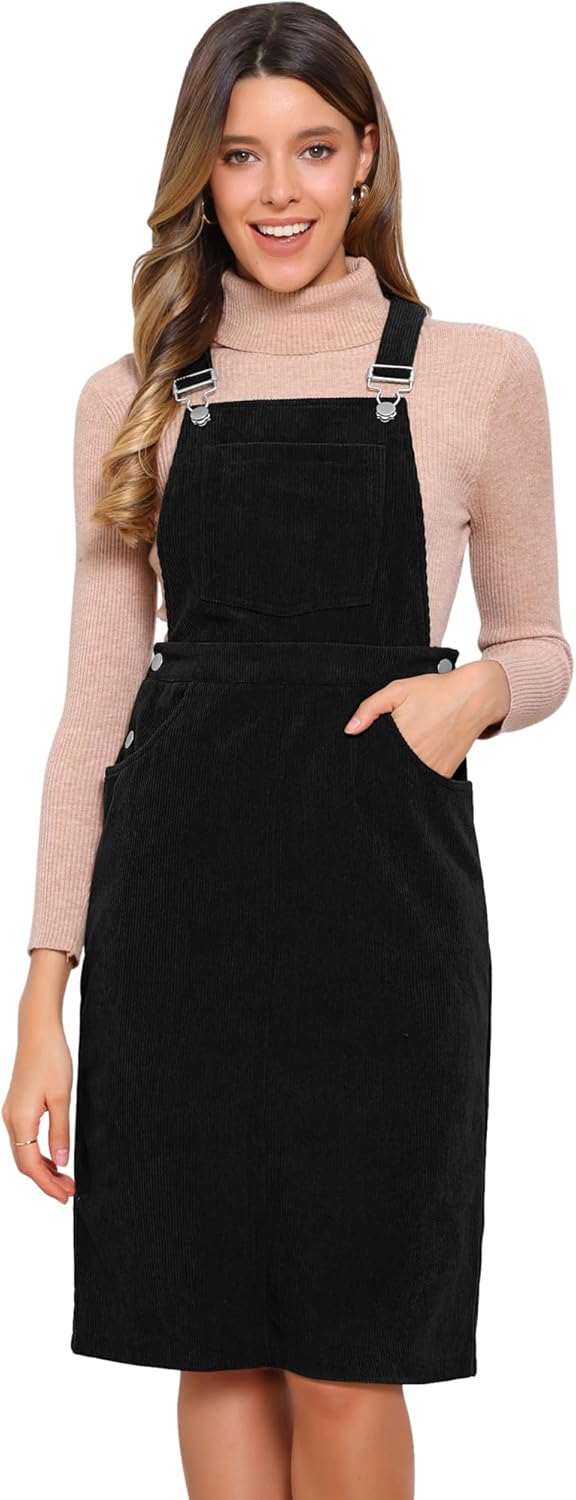 Allegra K Corduroy Overall Dress for Women Midi Length Adjustable Straps Pockets Square Neck Casual Pinafore Dress