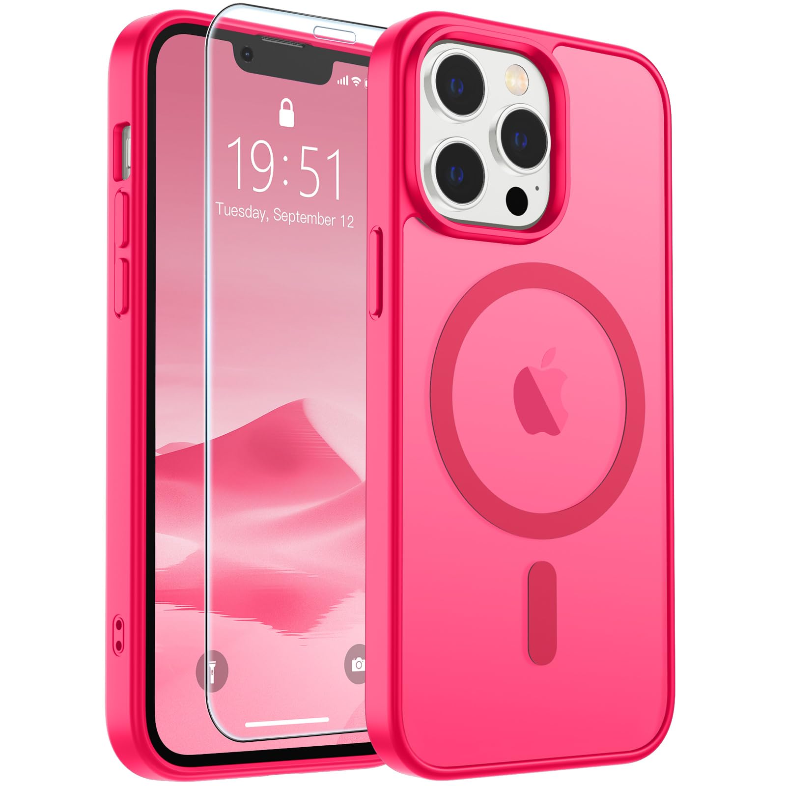 SUPFINE Magnetic for iPhone 12 Pro Max Case Hot Pink | With Screen Protector, Translucent Matte, Compatible with MagSafe, Military Grade Drop Proof, Rugged Shockproof Protective