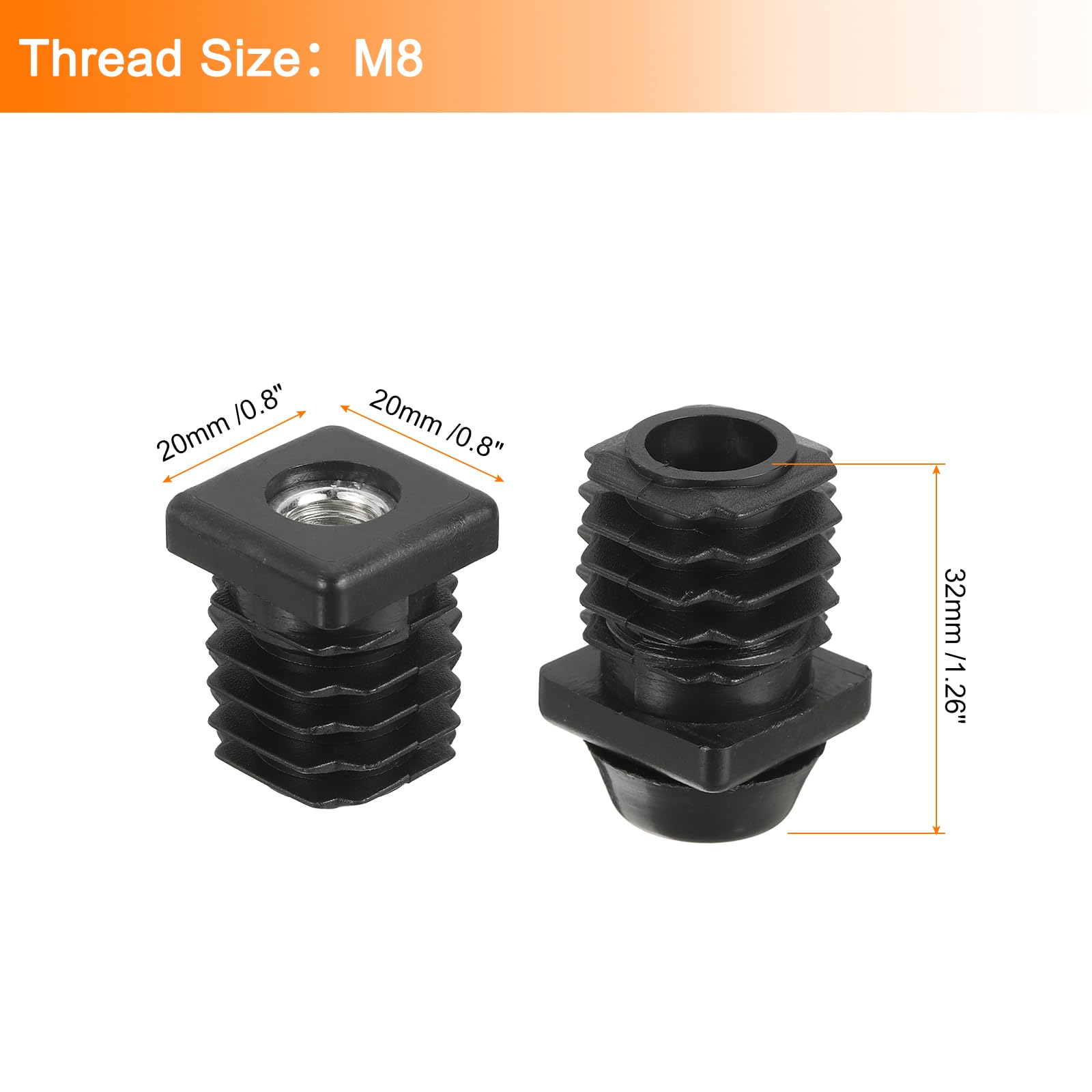 sourcing map Lot de 8 pieds de nivellement en plastique M8 x 20 x 20 mm réglables pour pieds de meubles rectangulaires à visser pour trou de 20 mm pour table, chaise et meubles, noir