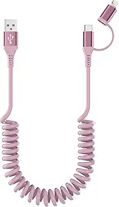 USB to USB-C and Lightning Cable Combo 2 in 1 Coiled Cable Apple Carplay & Android Auto Compatible [MFi& 3A Fast Charge& Data Sync] Coiled Lightning and USB C Cable for iPhone 15/14/13/12/Android,Pink