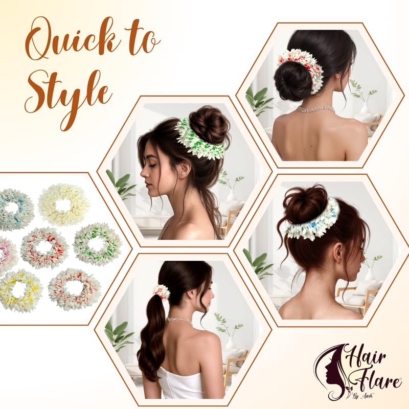 Image of Hair Flare Set of 7 Artificial Mogra Gajra Juda Bun Flowers for Hair | Reusable Floral Hair Accessory with Multicolor Thread for Bridal, Festive & Traditional | Women & Girls Juda Decoration