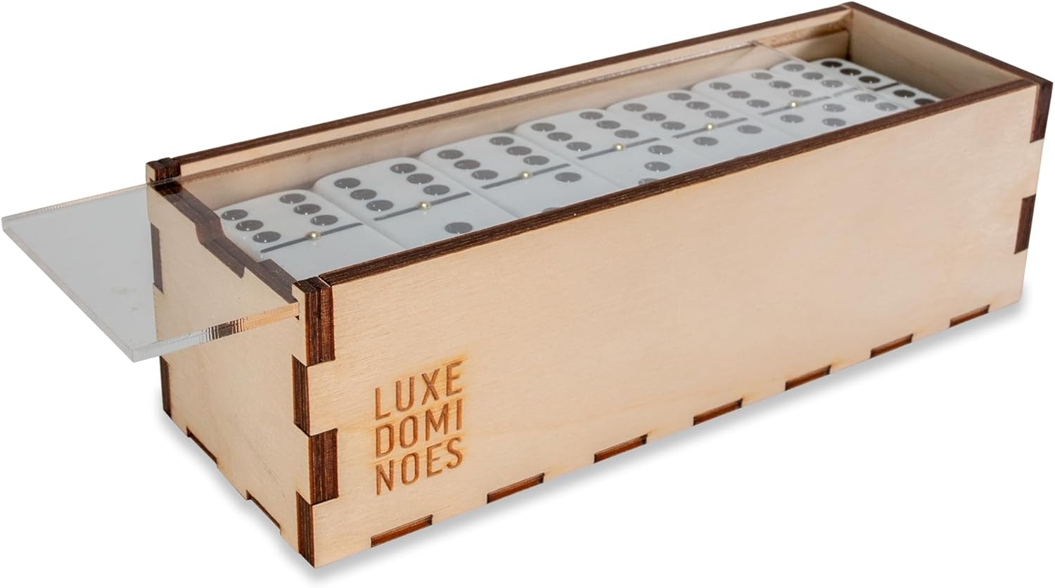 Deluxe Modern Domino Set Double Six, with Jumbo Sized Tournament Dominoes Black and White Two Toned with Spinner (Rivets) in Wood Box with Acrylic Top (Clear)