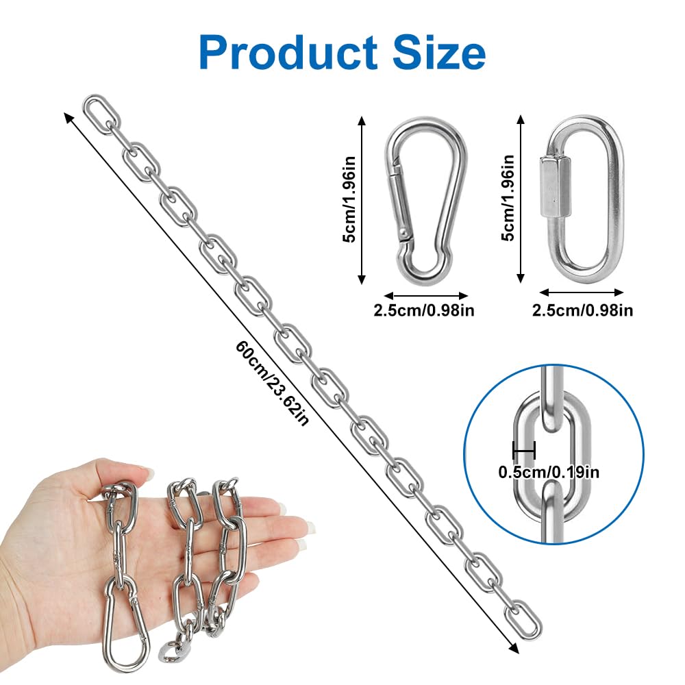 Jinsion 2 Piezas Cadena de Acero Inoxidable con 4 Mosquetón, 60cm Cadena Acero 304, Cadena Silla Colgante, Cadena Hamaca, Columpio de Cadena, Duradero Cadenas para Sacos de Arena, Macetas y Mascotas