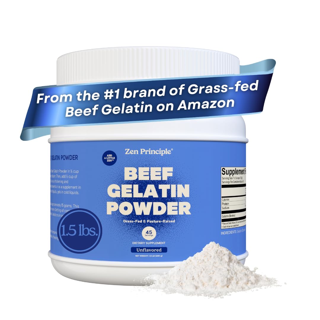 Zen Principle Grass-Fed Gelatin Powder, 1.5 lb. Custom Anti-Aging Protein for Healthy Hair, Skin, Joints & Nails. Paleo and Keto Friendly. Cooking and Baking. GMO-Free and Gluten-Free. Unflavored.